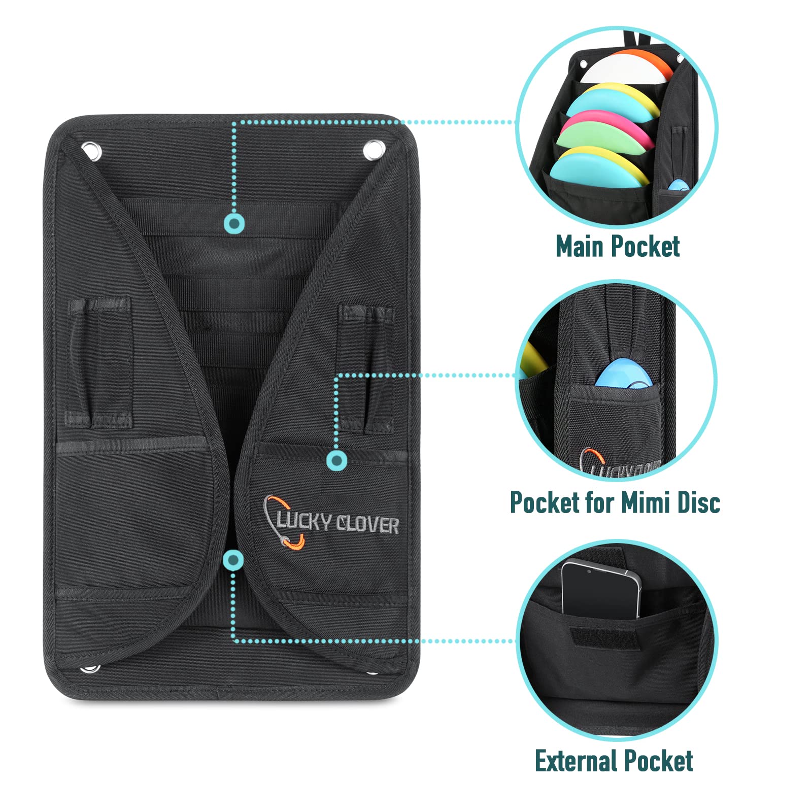 **LUCKY CLOVER Disc Golf Cart Putter Pouch – Velcro Strap Storage Bag for Discs & Accessories | Fits Most Disc Golf Carts | Perfect for Tournaments & Practice Rounds**