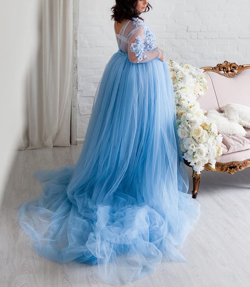 Elegant Maternity Tulle Bathrobe Dress for Photoshoot - Sexy V-Neck Long Lace Gown with Flowing Train | Perfect for Maternity Photos, Bridal Shower & Boudoir Photography