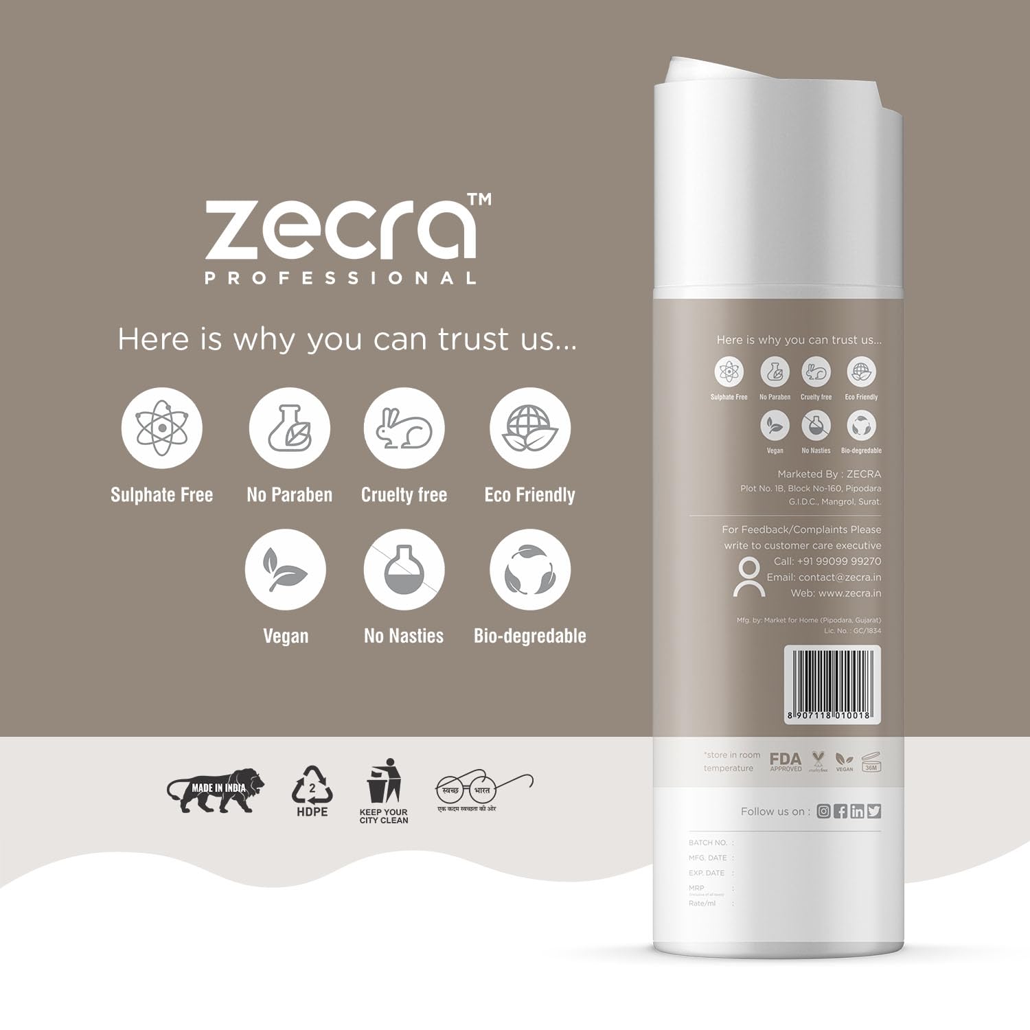ZECRA PROFESSIONAL Sulfate-Free & Paraben-Free Unisex Body Wash with Caffeine Boost - 250mL (Pack of 2) | Hydrating & Energizing Shower Gel for Men & Women | Perfect for Morning Showers & Post-Workout Refreshment