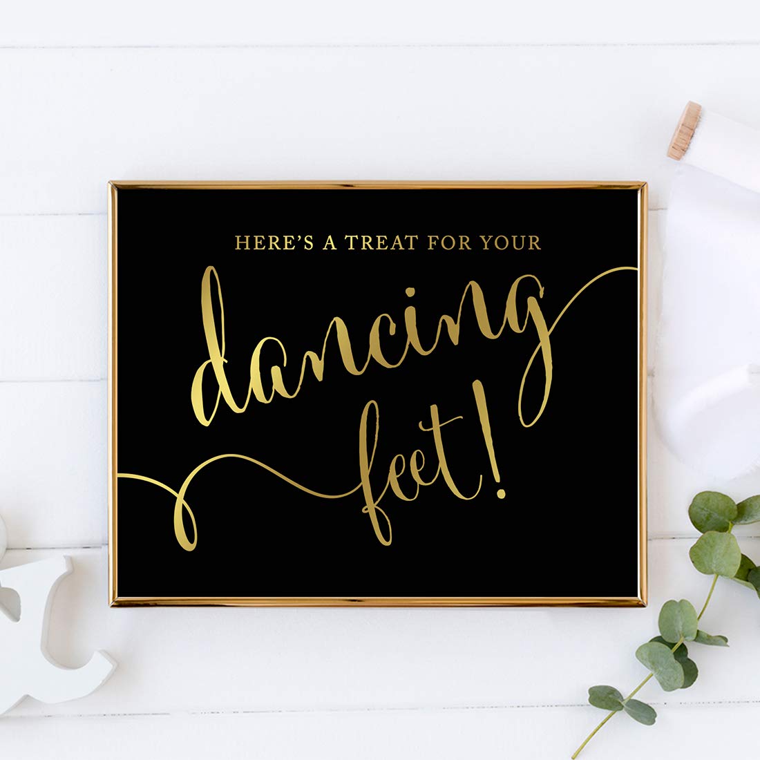Elegant Andaz Press Wedding Party Sign - Black & Metallic Gold Ink - 8.5x11 Inch - 'Here's a Treat for Your Dancing Feet' Dance Floor Sign - Perfect for Flip Flop & High Heel Shoes - 1-Pack Unframed - Ideal for Wedding Receptions, Bridal Showers & Dance Parties