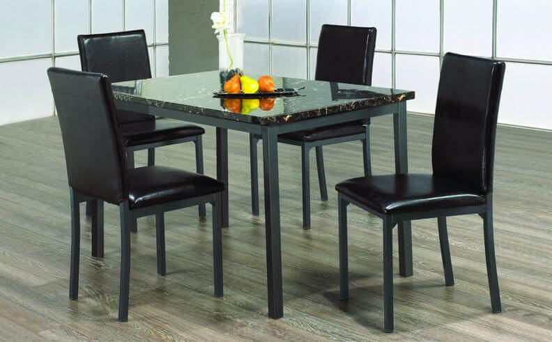 5-Piece Faux Brown Marble Dining Table Set with Upholstered Chairs & Gunmetal Legs - Modern Kitchen & Dining Room Furniture for Small Spaces