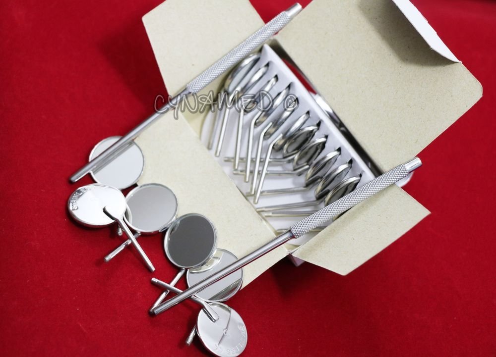 Premium Box of 12 #5 Dental Mouth Mirrors with 2 Free Handles - Professional Dentist Instruments for Oral Exams, Dental Checkups & Teeth Inspections
