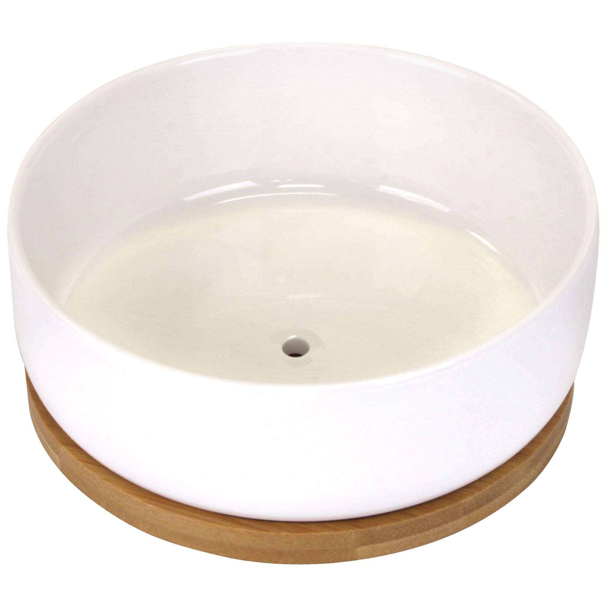 BambooMN White Ceramic Succulent Planter Pot with Bamboo Tray - 6.49 Inch Round Bowl Style - Perfect for Home Decor, Office Desk, and Indoor Plants