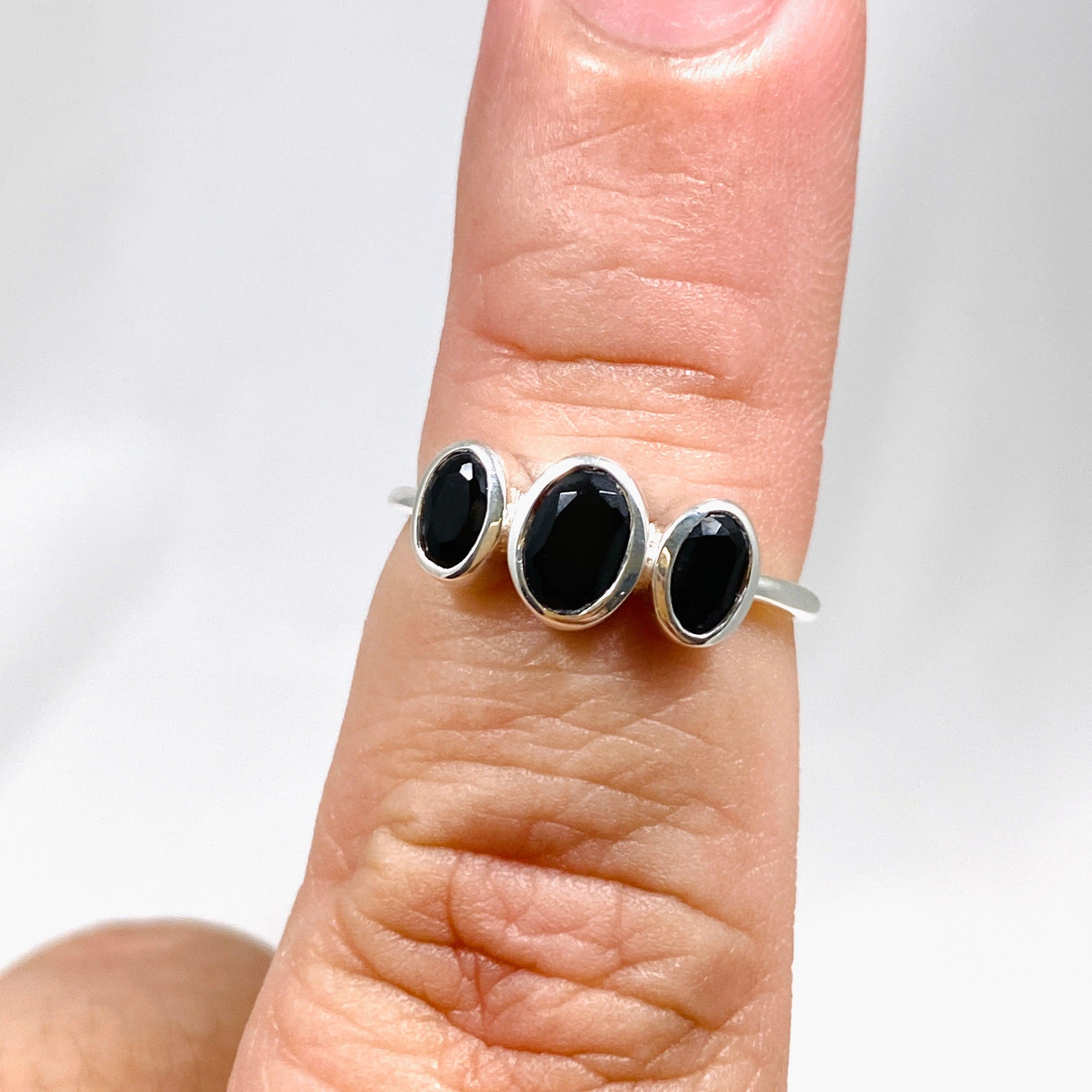 Black Onyx Triple Stone Faceted Ring for Women - Elegant Sterling Silver Jewelry R3956 | Perfect for Evening Parties, Weddings & Special Occasions