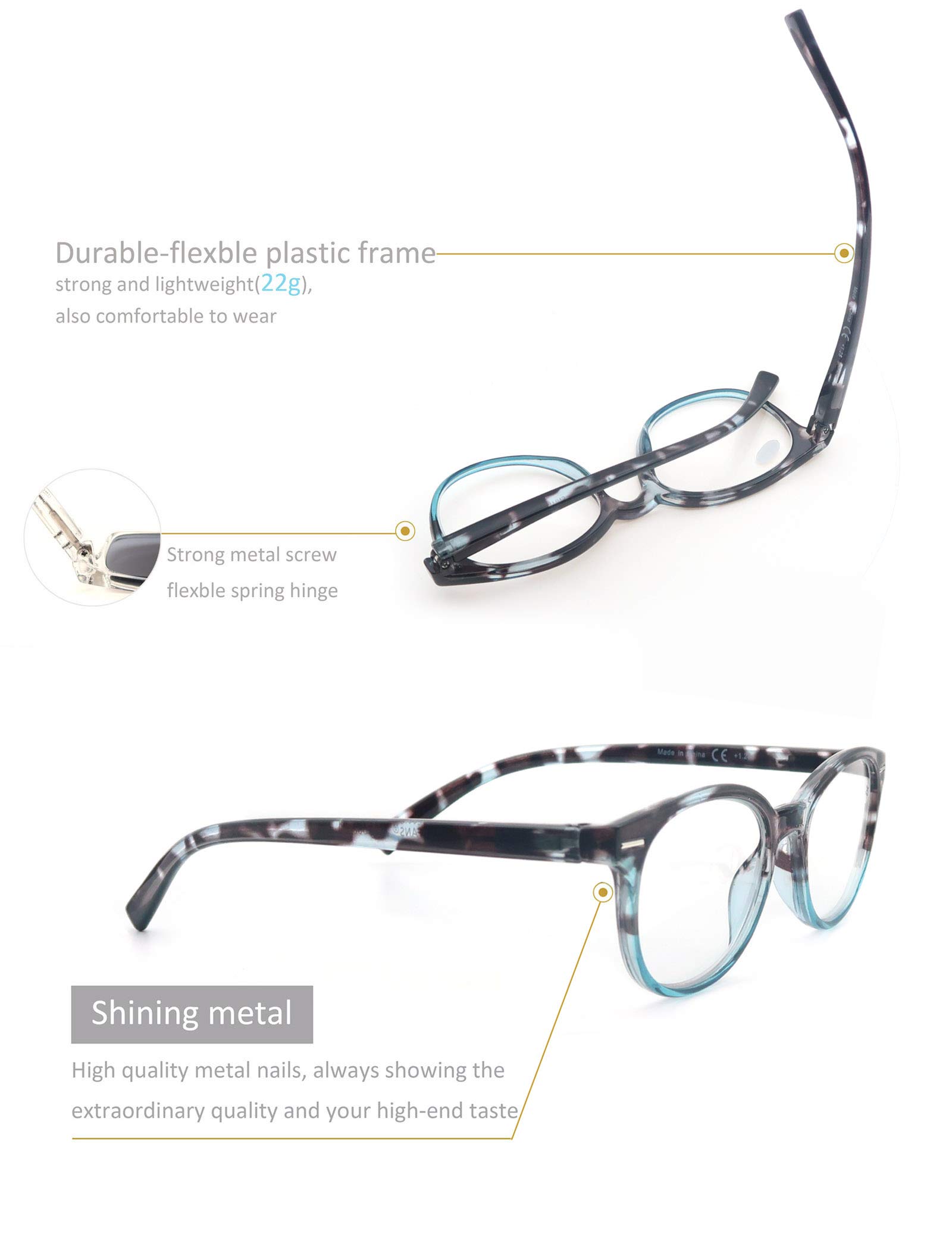 Cute Small Round Reading Glasses for Women +3.50 Strength - Blue Demi Lightweight Readers with Comfortable Spring Hinges (3 Pack) - Perfect for Small Heads & Petite Faces - Ideal for Reading Books, Using Smartphones, and Office Work