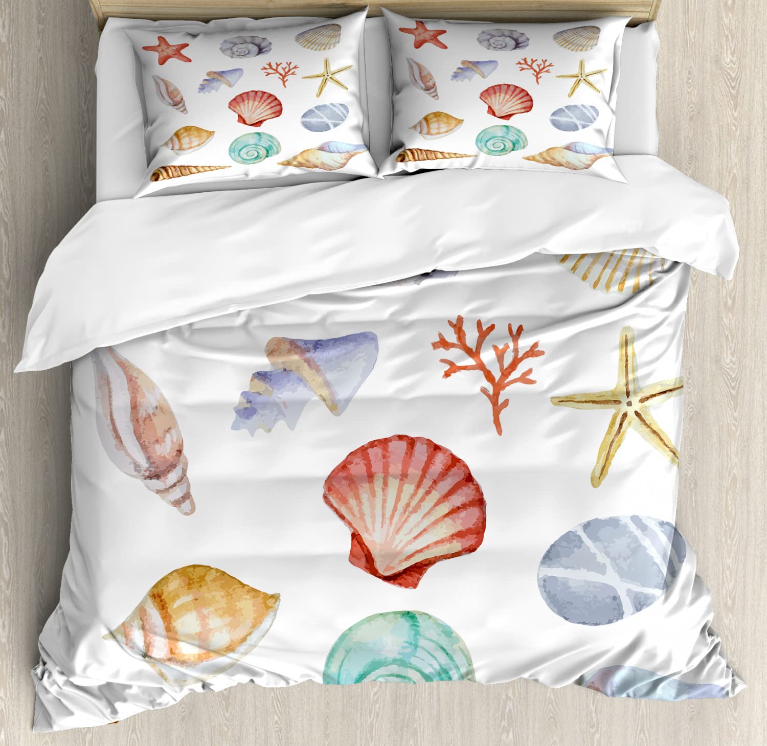 Ambesonne King Size Nautical Duvet Cover Set - 2 Pack with Seashells, Scallops & Ocean Creatures Design, Includes 2 Duvet Covers & 4 Pillowcases | Perfect for Beach House, Summer Bedroom & Coastal Decor Theme