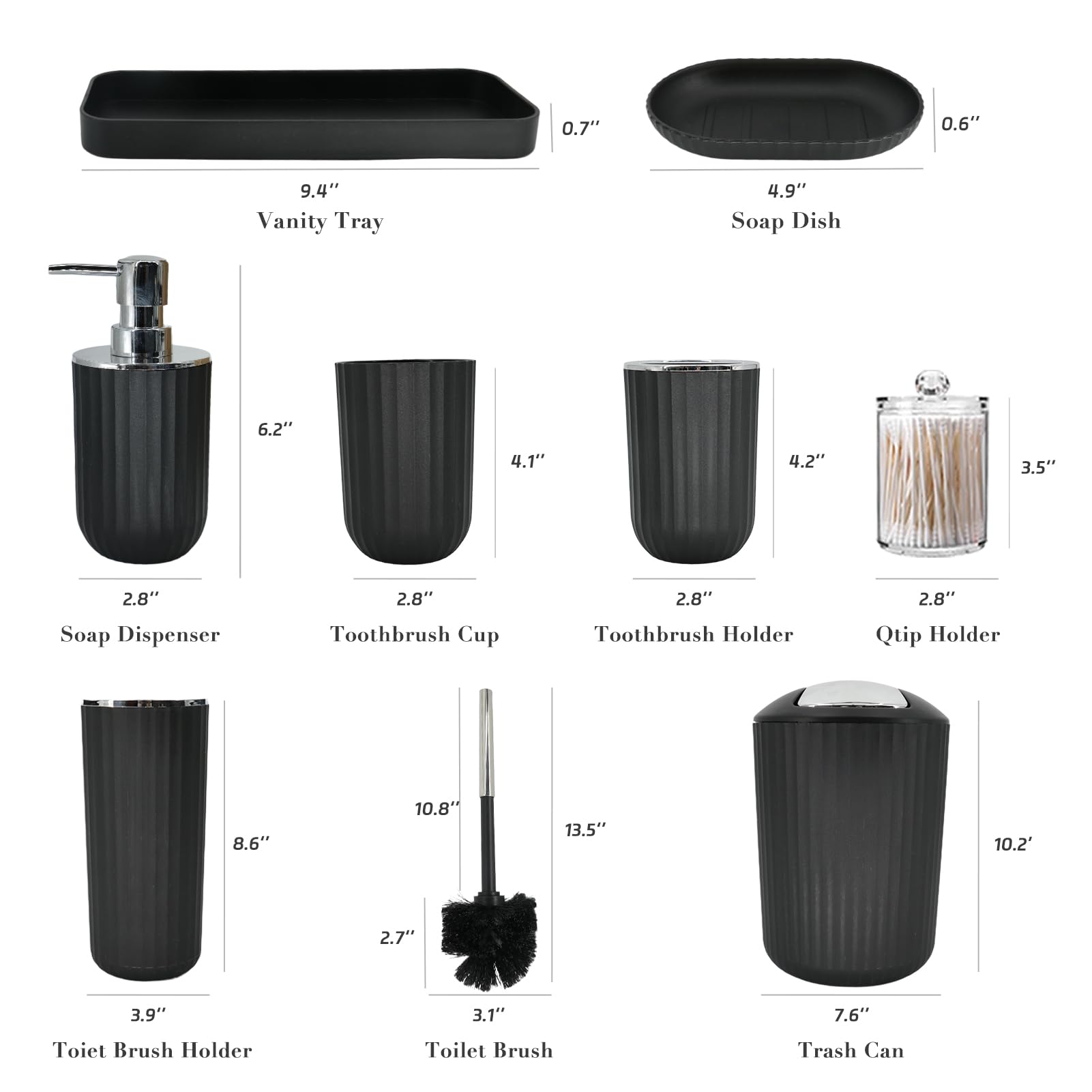 9-Piece Black Bathroom Accessories Set - Includes Trash Can, Shower Curtain, Vanity Tray, Soap Dispenser, Soap Dish, Toothbrush Holder & Cup, Toilet Brush | Modern Bath Decor for Home & Hotel Use