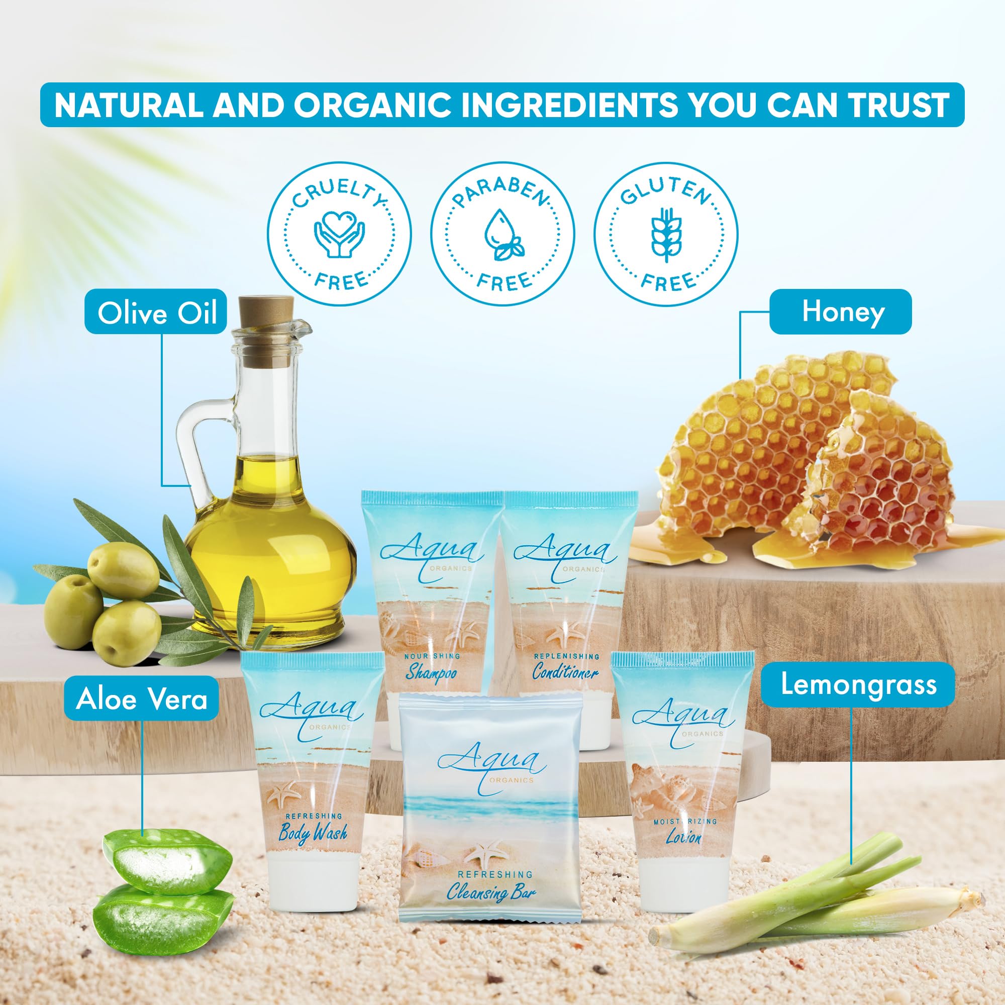 75-Piece 1oz Travel-Sized Hotel Shampoo, Conditioner, Body Wash & Lotion Set with 100 Bar Soaps | Aqua Organics Natural Toiletries for Hotels, Gyms & Travel Essentials