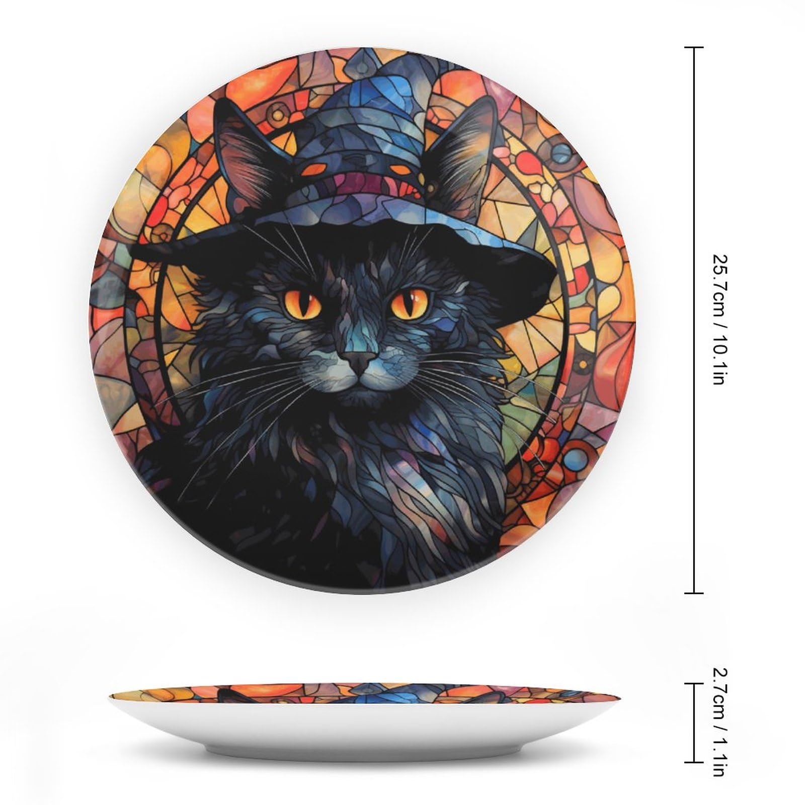 Halloween Decorative Wall Hanging Plates - Black Cat Witch Hat Ceramic Plate with Stained Glass Print & Display Stand, 10 Inch Farmhouse Round Tray for Kitchen Cabinets - Perfect for Spooky Home Decor, Halloween Party Table Settings & Gothic Interior Design