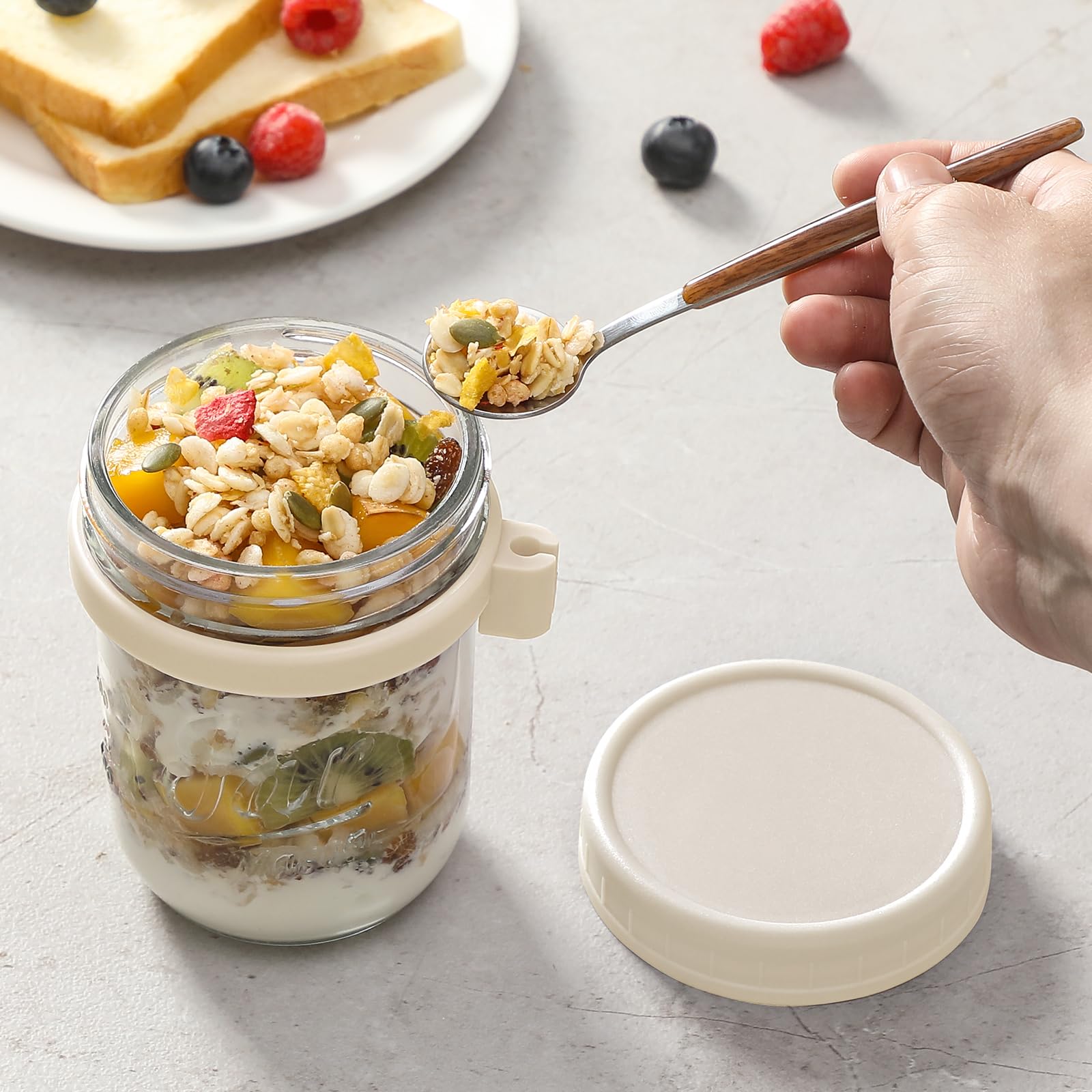 LANDNEOO 4 Pack 16 oz Glass Mason Jars with Airtight Lids & Spoons - Reusable Overnight Oats Containers for Milk, Cereal, Yogurt & Fruit - Perfect for Meal Prep, Breakfast, Office Lunch & Healthy Snacks