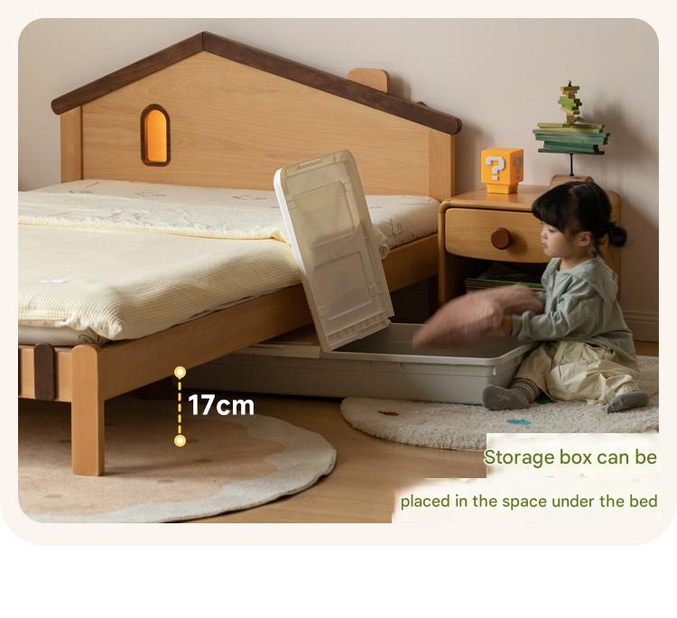 Kids Wooden Bed with Night Light - Beech & Poplar Little House Design with 15-Minute Auto Light Off - Perfect for Bedrooms, Playrooms & Cozy Sleep Spaces