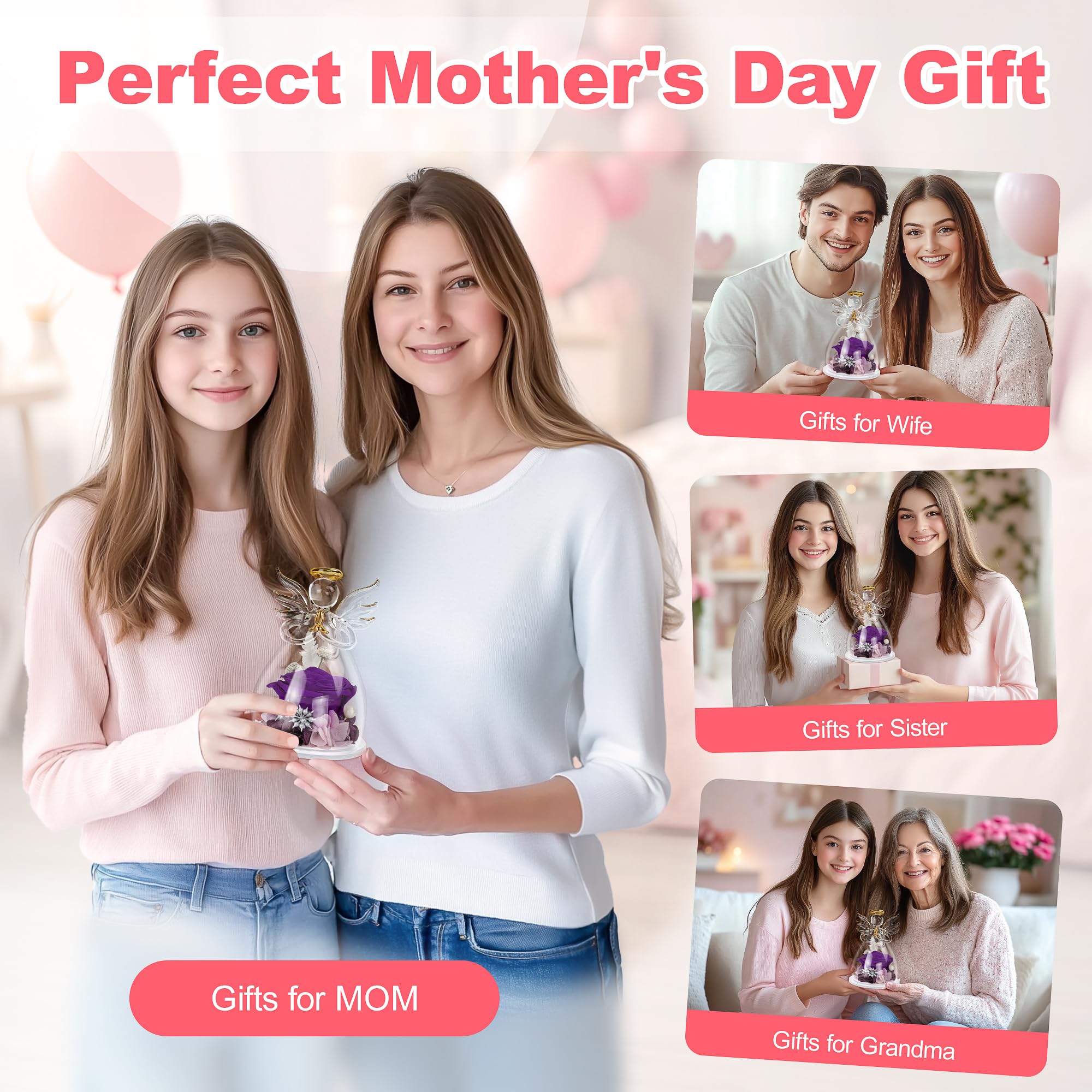 Preserved Purple Rose in Glass Angel Figurines - Mother's Day, Birthday & Anniversary Gifts for Mom, Grandma, Wife & Sister - Perfect for Home Decor, Wedding Centerpieces & Romantic Keepsakes