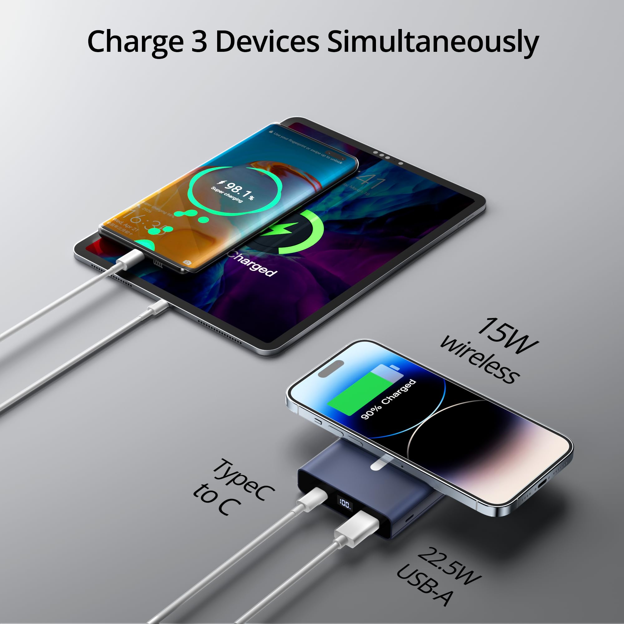 LULULOOK 10000mAh Magnetic Wireless Portable Charger | Foldable Mag-Safe Power Bank with 22.5W PD Fast Charging | USB-C Cable & LED Display | Compatible with iPhone 16/15/14/13/12/Pro/Mini/Pro Max (Blue) | Perfect for Travel, Office & On-the-Go Charging