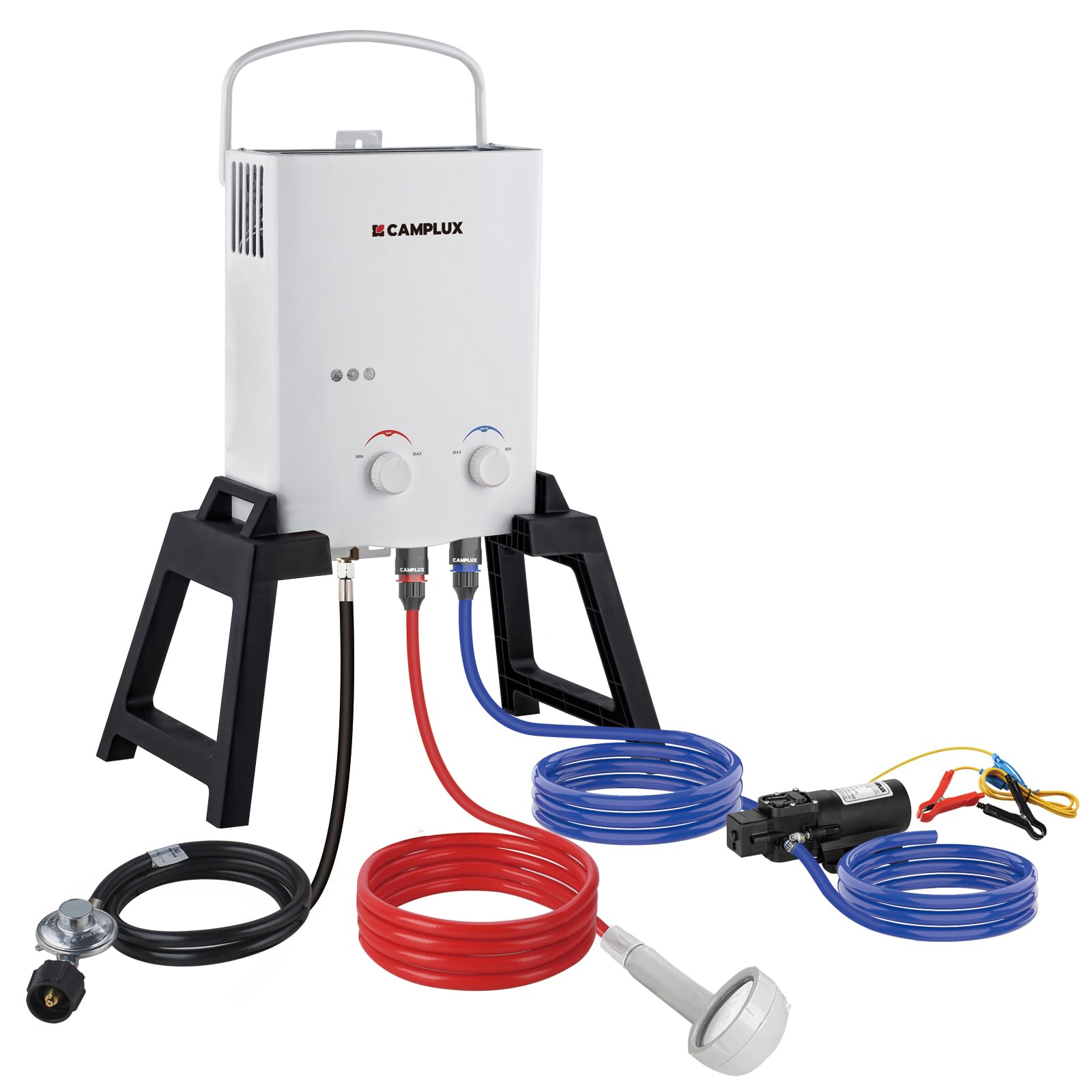 Portable Tankless Water Heater 1.32 GPM - Outdoor Propane Gas Camping Shower System with Free-Standing Stand & Carry Bag (AY132Max, White) - Perfect for RV Trips, Backpacking & Off-Grid Living