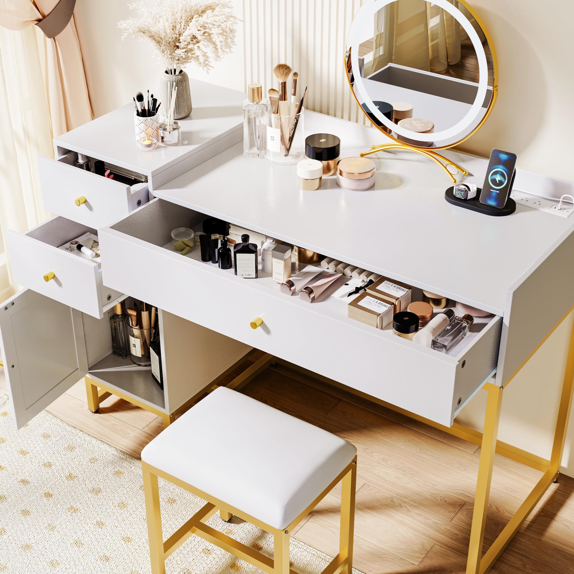 White Makeup Vanity Desk with Stools & Power Outlet - Rattan Dressing Table Set with Drawers & Storage Cabinet - Small Bedroom Vanity Table for Women - Perfect for Cosmetics Organization & Home Decor