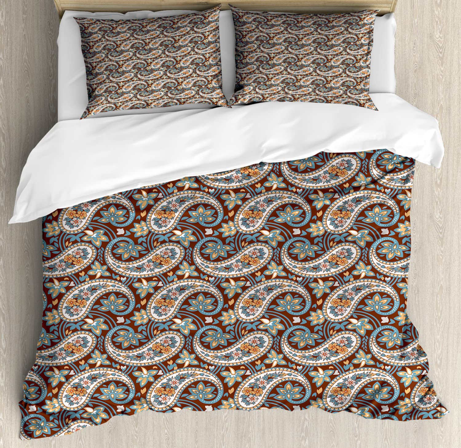 Ambesonne Paisley Duvet Cover Set - Vintage Oriental Jacquard Bedding 2-Pack Queen Size (Redwood & Blue Grey) - Includes 2 Duvet Covers & 4 Pillowcases - Perfect for Bohemian & Shabby Chic Bedroom Decor