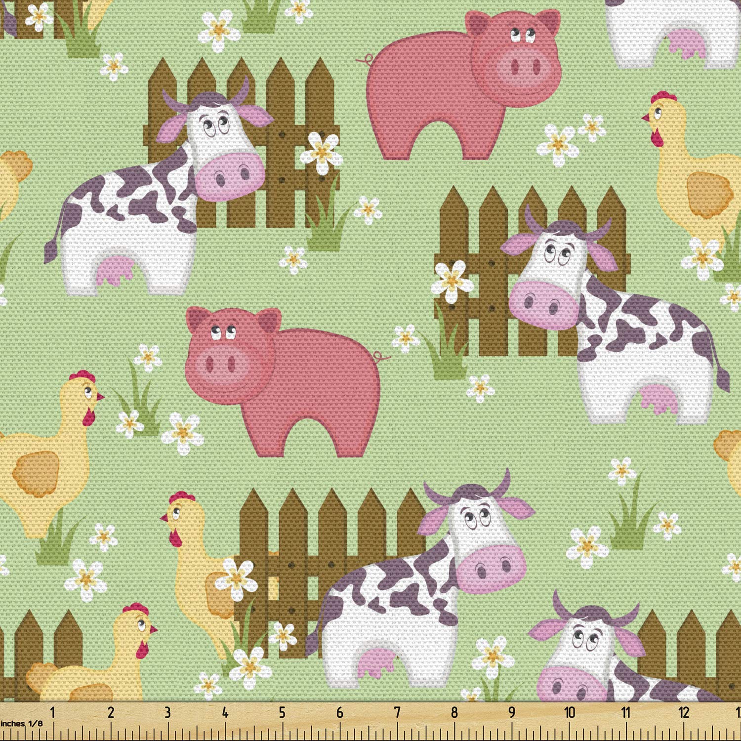 Lunarable Farmhouse Fabric by The Yard - Country Style Cartoon Animal Print with Cow, Pig & Chicken Design for Upholstery, Home Decor | 10 Yards Green & Pink Fabric for DIY Projects, Curtains, Pillows & Quilting