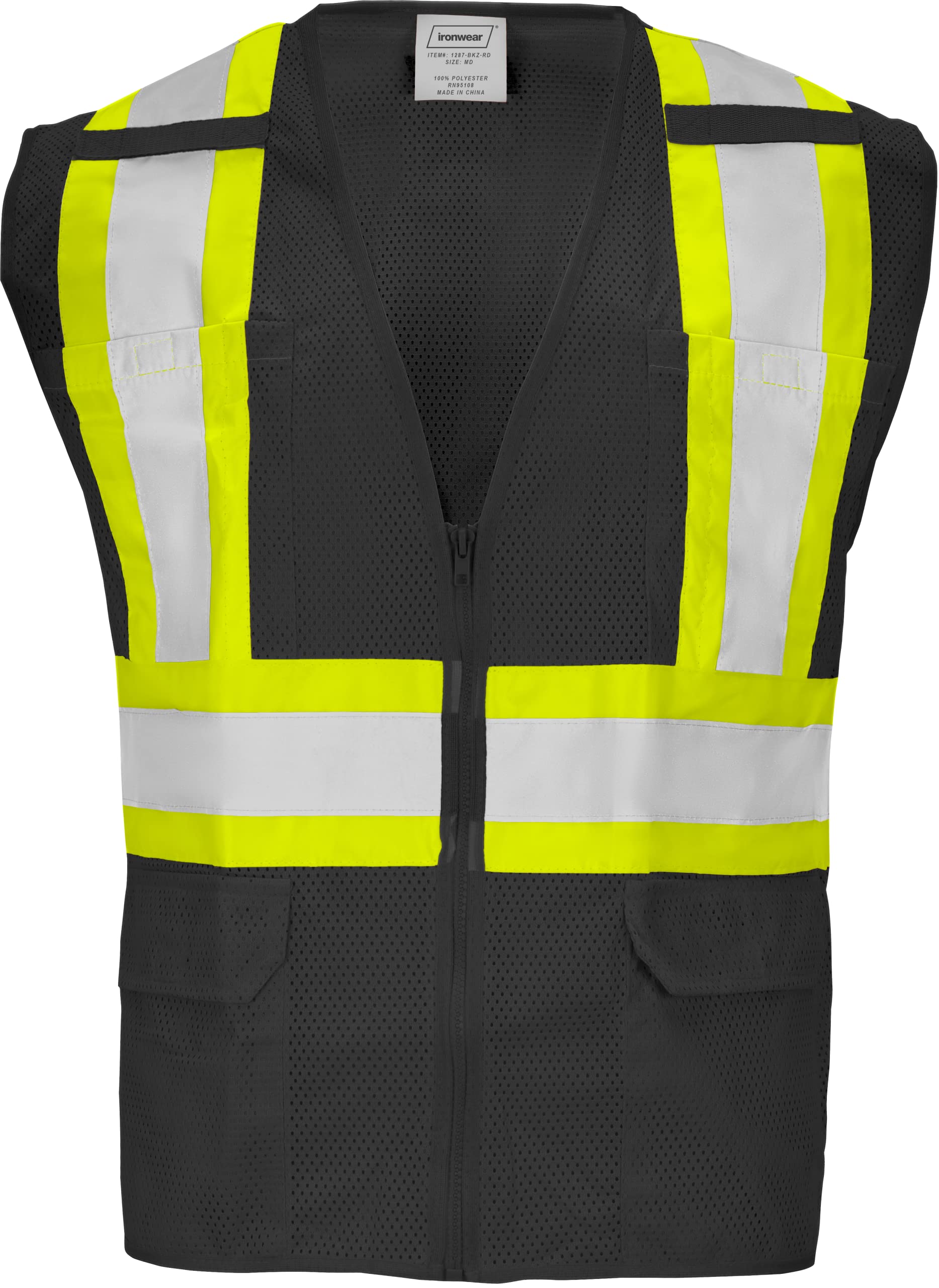 Ironwear 1287 High Visibility Safety Vest with Zipper & Radio Clips - ANSI Compliant Reflective Polyester Mesh Vest for Construction, Road Work & Emergency Responders