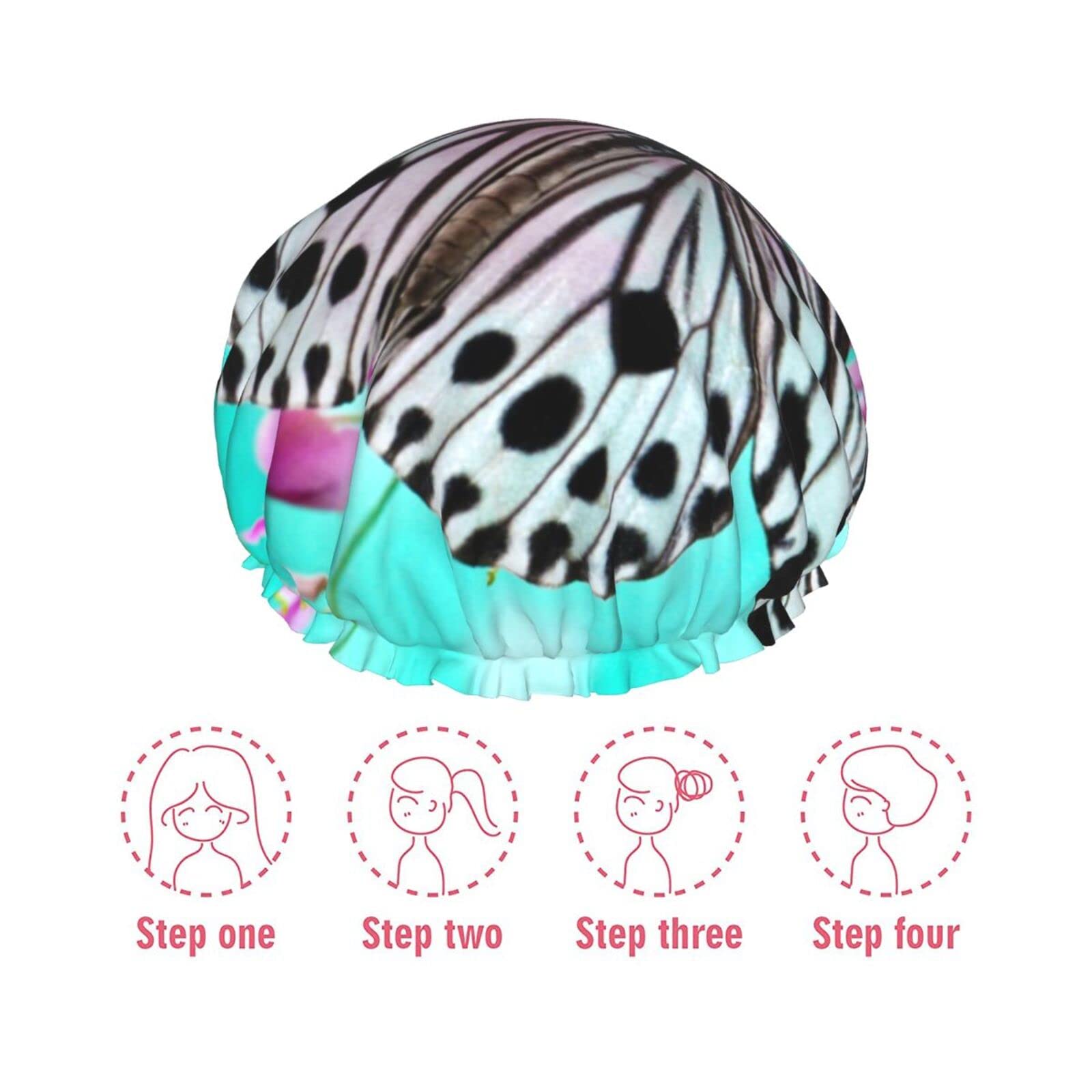 Waterproof Reusable Shower Cap for Women - Cute Butterfly Floral Design Bathing Hair Cap for Shower, Swimming & Spa (Pink)