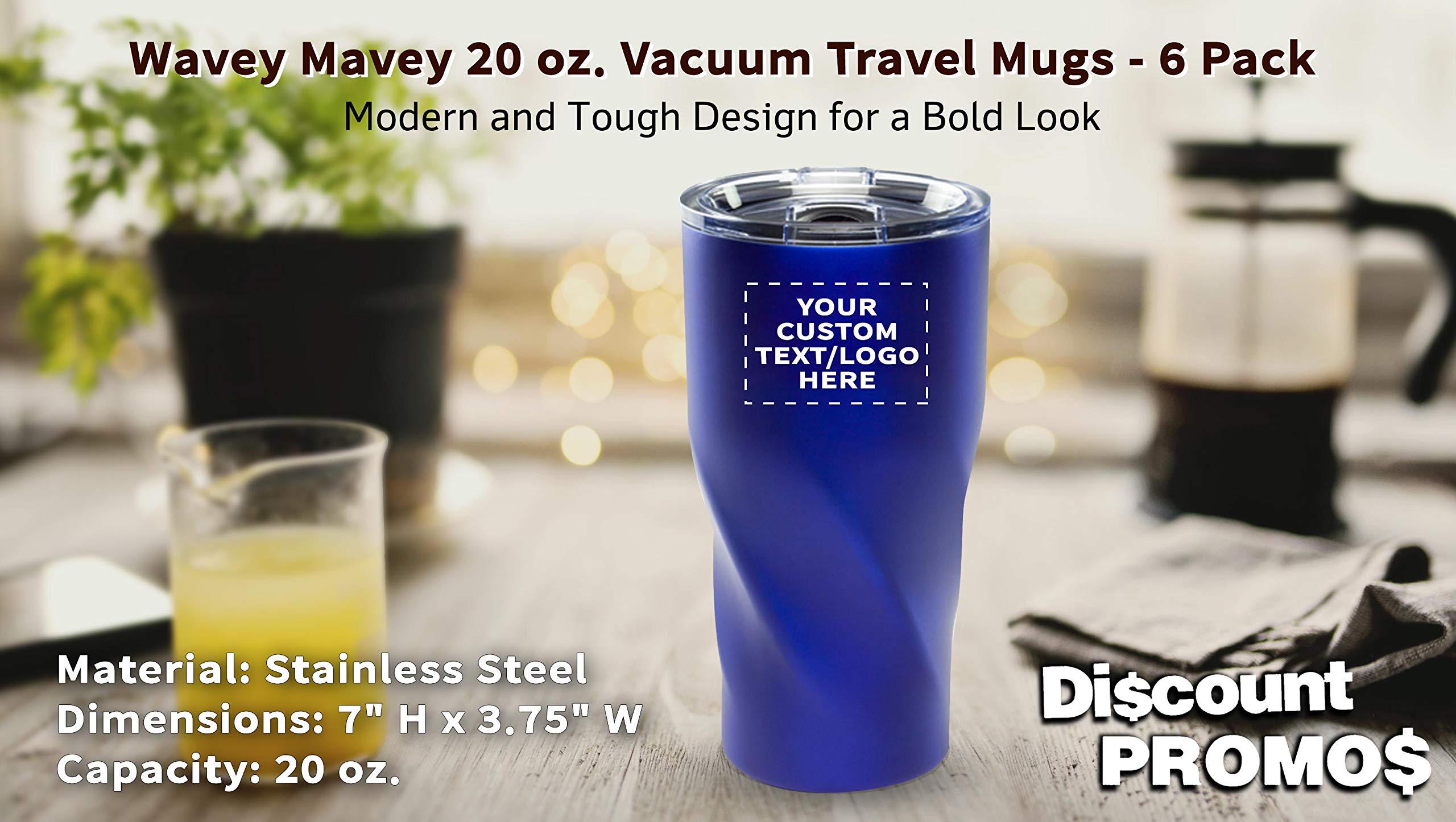 Custom 20 oz. Wavey Mavey Vacuum Insulated Travel Mugs - 6 Pack with Personalized Text & Logo (Blue) - Perfect for Coffee, Tea & Cold Drinks at Work, Gym or Road Trips