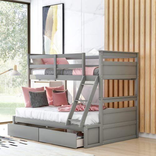 Solid Wood Twin Over Full Bunk Bed with Ladder, Storage Drawers & Guardrail - Convertible to Separate Beds - Grey | Space-Saving Kids Bedroom Furniture for Small Rooms & Shared Spaces