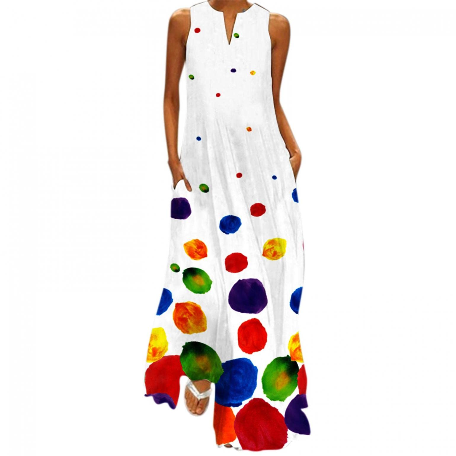 Plus Size Women's Long Summer Dresses - V Neck Spaghetti Strap Flowy Sunflower Print Dress for Casual Outings, Beach Vacations & Summer Parties | Stylish & Comfortable