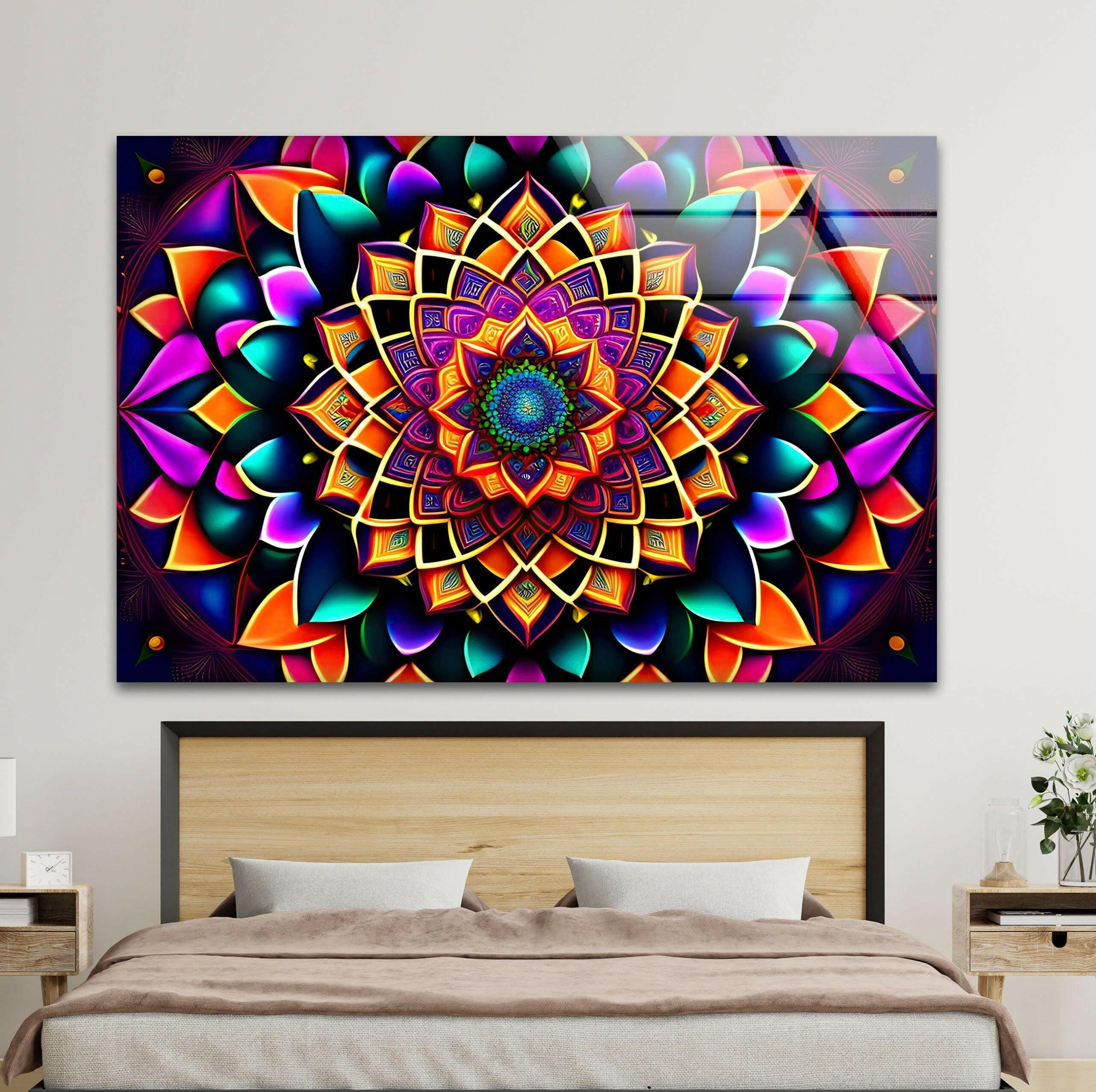 Vibrant Mandala Glass Wall Art - Handmade Stained Glass Window Decor for Meditation, Yoga Studios & Boho Home Decor