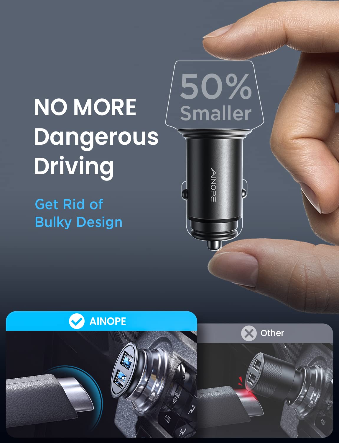AINOPE 2-Pack 4.8A Fast Mini USB Car Charger Adapter - Dual Port Metal Cigarette Lighter Charger for iPhone 16/15/14/13/12/Pro Max/8 Plus/XR, Samsung Galaxy S24/S23/S10, iPad - Silver | Perfect for Road Trips & Daily Commuting