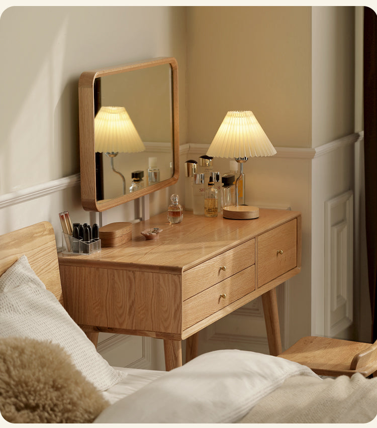 Stylish Oak Solid Wood Modern Dressing Table with Large Mirror - Perfect for Bedroom Vanity, Makeup Station & Home Decor