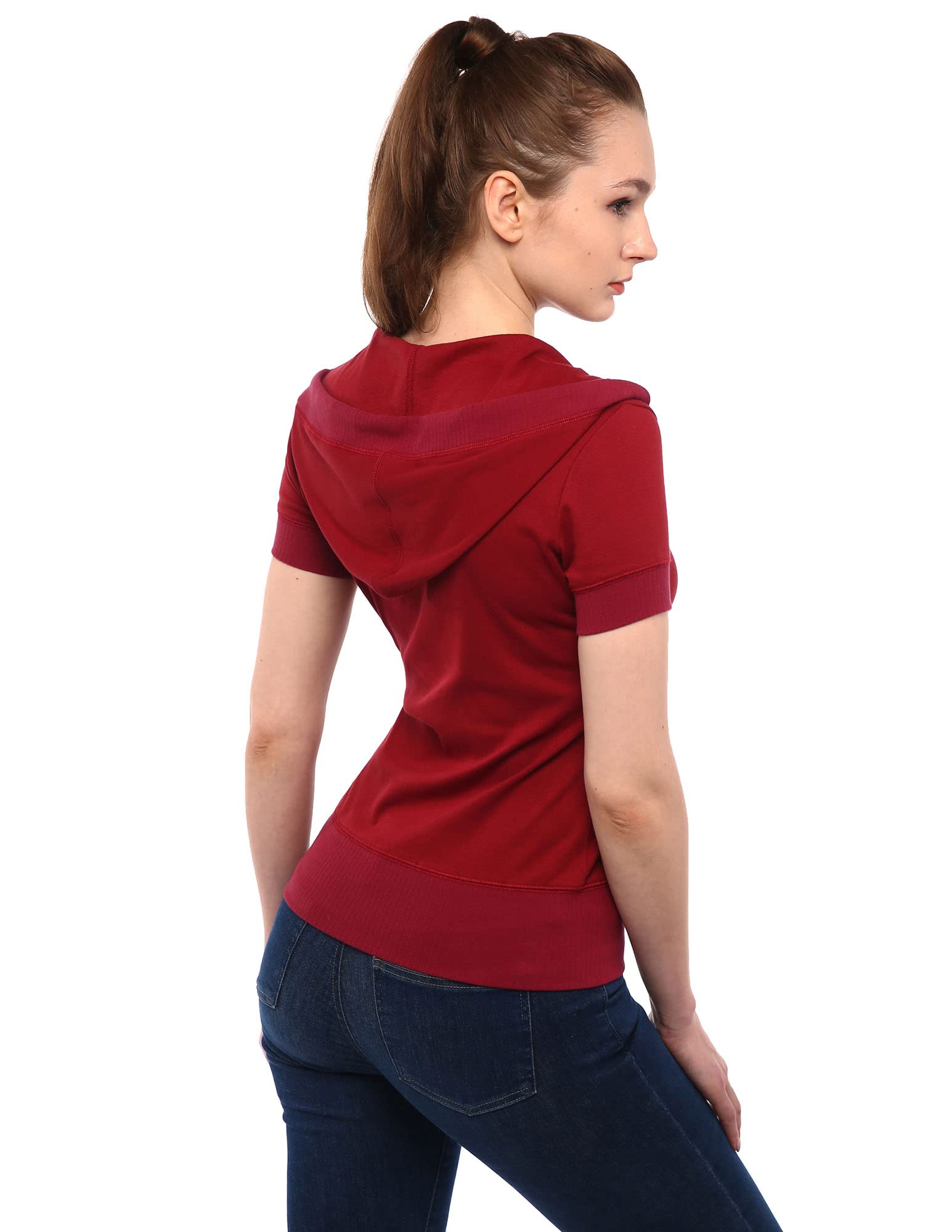 AmélieBoutik Women's Cotton Blend Zip-Up Hoodie with Kangaroo Pocket - Short Sleeve Casual Jacket for Spring & Fall Outdoor Activities