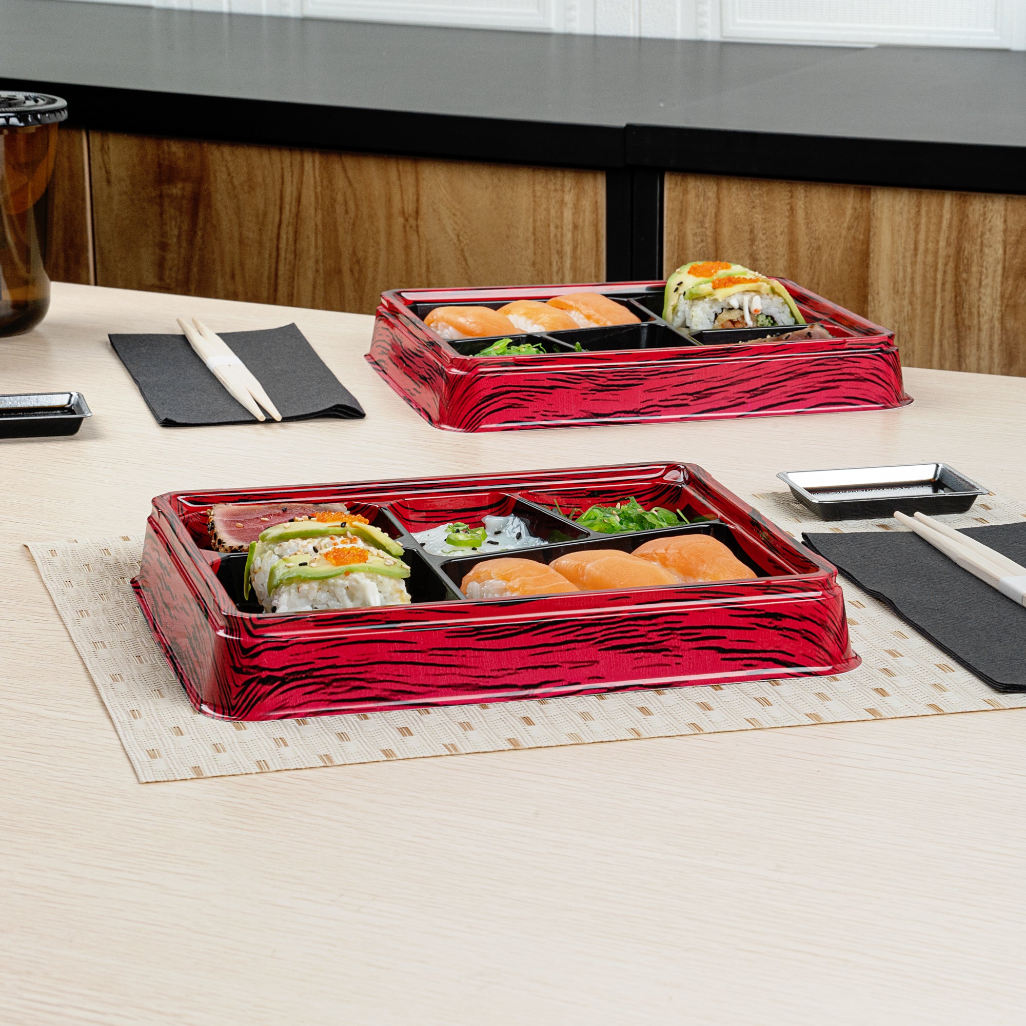 Bento Tek 18 oz Rectangle Red and Black Plastic Bento Box with 5 Compartments | 9.25