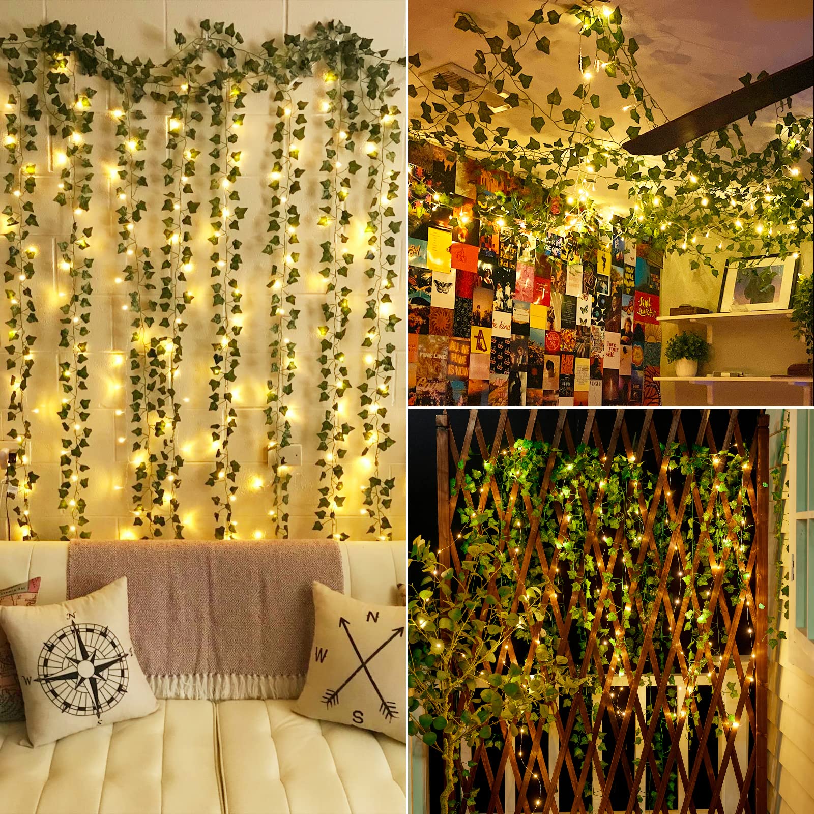 24-Pack Battery Operated String Lights with Artificial Ivy Vines - 7ft 110 LED Vine Lights with 8 Lighting Modes, Warm White for Bedroom, Wall Decor, Wedding, Indoor Party & Festival Lighting (Perfect for Creating Romantic Ambiance)