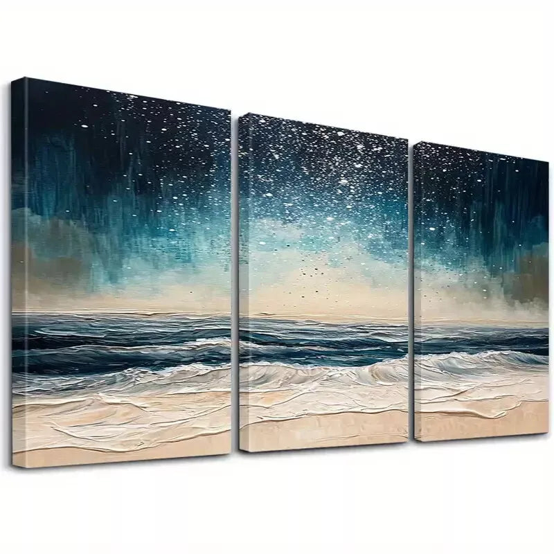 3-Piece Abstract Night Beach Waves Classic Art Set - Framed Canvas Wall Decor 50x70cm | High Quality Print | 100% Australian Made | Ready to Hang | Perfect for Living Room, Bedroom & Office Decor