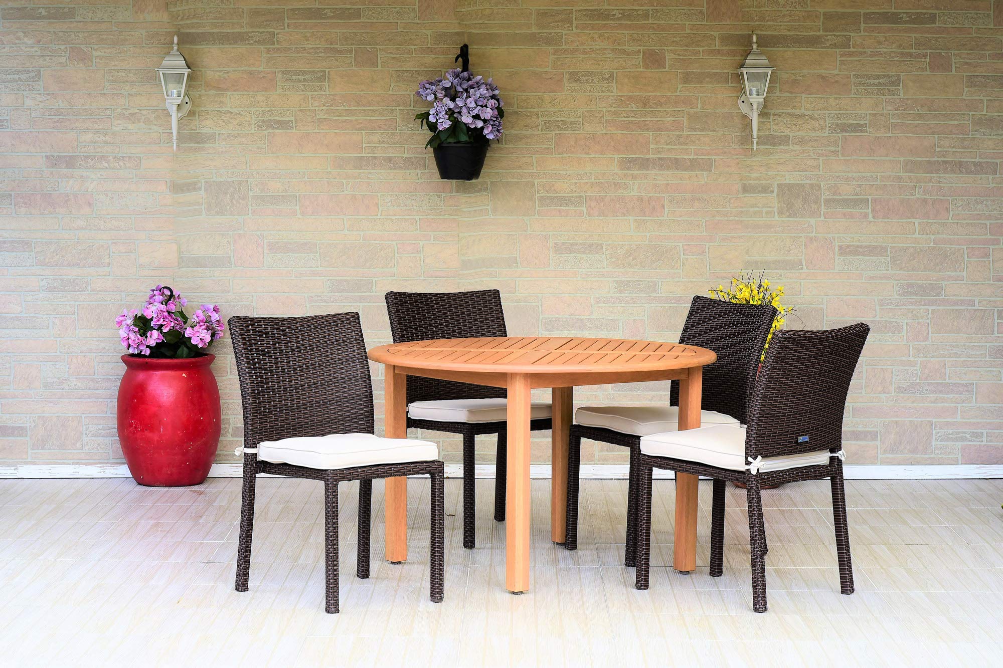 5-Piece Elegant Outdoor Patio Dining Set in Chocolate Brown, White & Teak - 3.75' Table - Perfect for Backyard, Garden & Poolside Entertaining