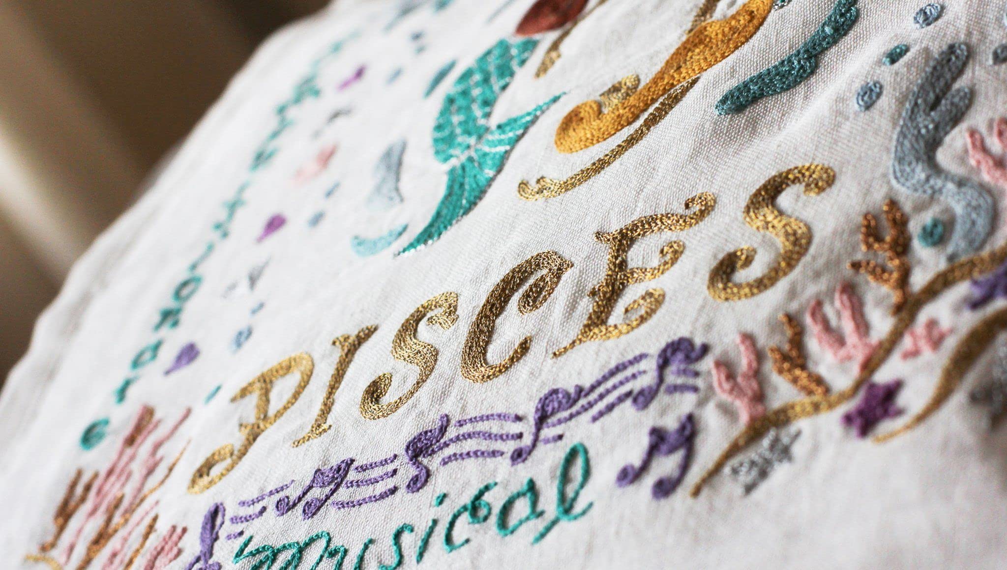 Catstudio Astrology Hand Embroidered Pisces Zodiac Throw Pillow - Unique Embroidered Couch Decorative Pillow for Pisces Gifts, February & March Birthday Presents - Perfect for Home Decor, Sofa Accent & Zodiac Lovers