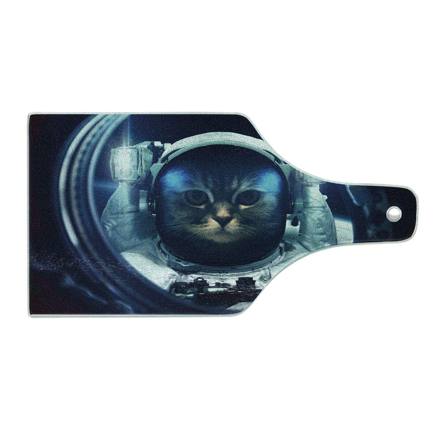 Ambesonne Space Cat Tempered Glass Cutting Board - Kitty in Space Suit Looking from Rocket in Galactic Orbit - Decorative Serving Board for Cheese, Charcuterie & Wine - Dark Blue & White Wine Bottle Shape - Perfect for Kitchen, Dining & Gifts