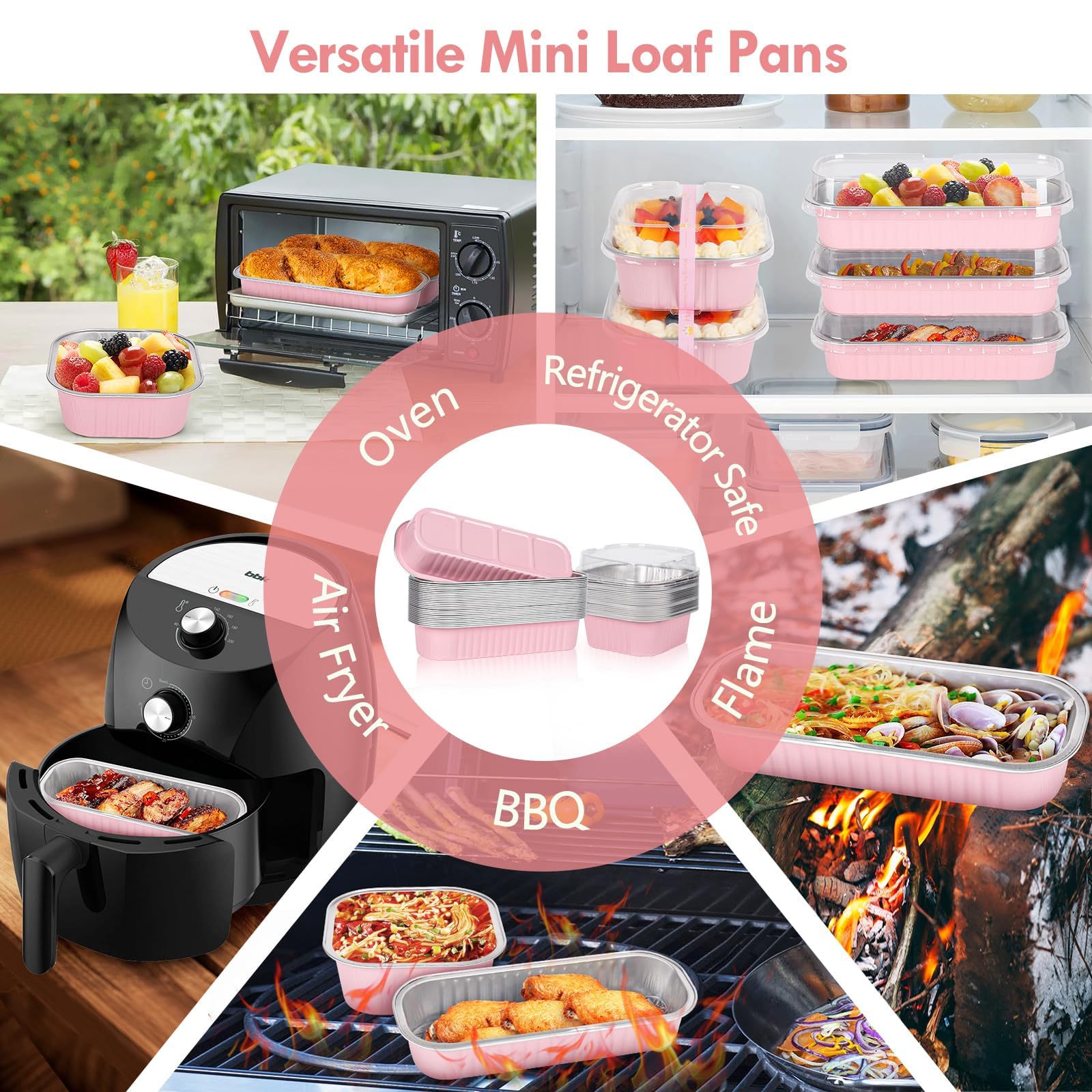 50Pcs 6.8oz Disposable Mini Loaf Pans with Lids & 30Pcs 10oz Square Aluminum Pans - Baking Bread, Cakes, Cupcakes - Includes Spoons & Pink Stickers for Home Baking, Party Desserts, Meal Prep