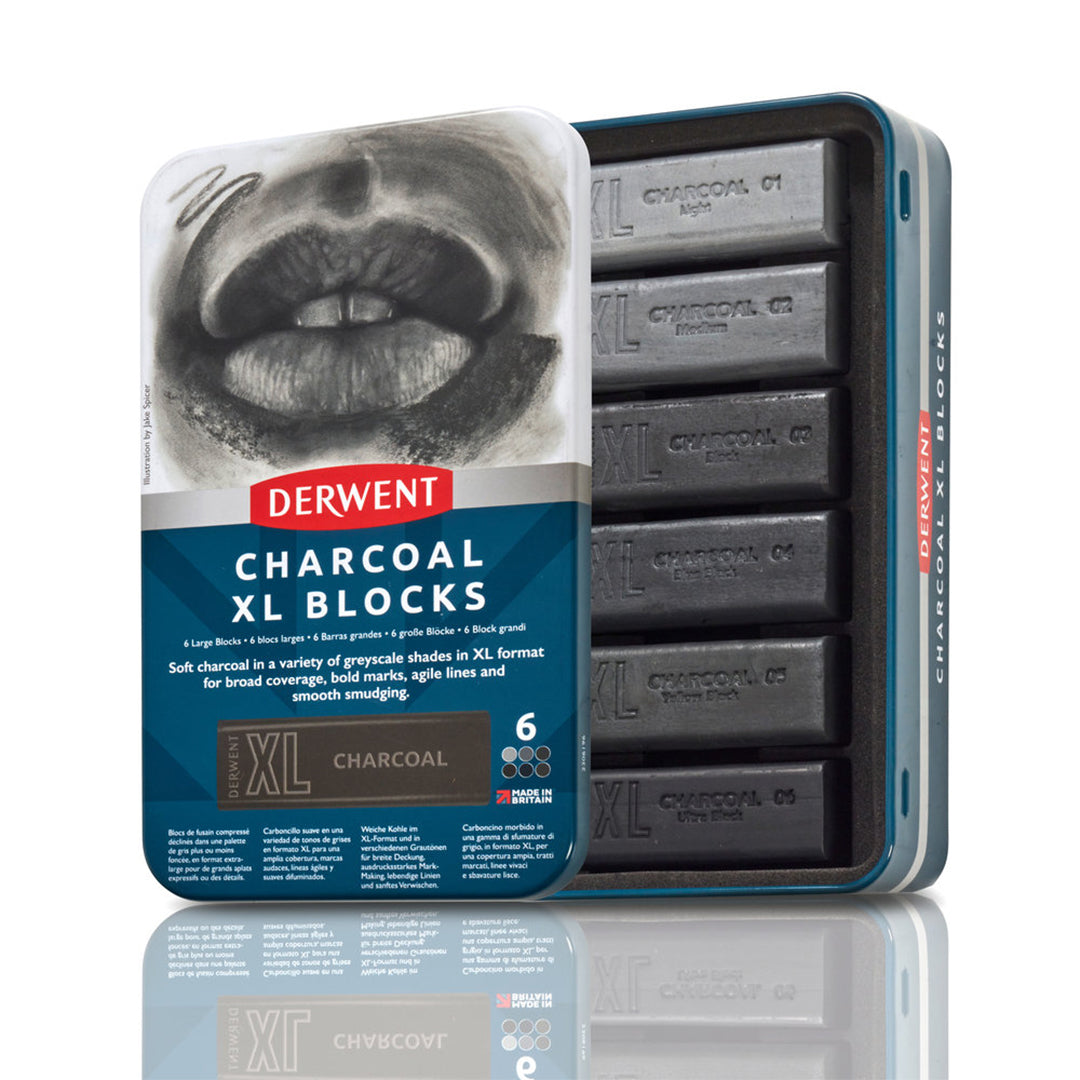 Derwent Charcoal XL Block Tin of 6 - Premium Artist Drawing Charcoal for Sketching & Shading - Perfect for Professional Artists & Art Students - Ideal for Portraits, Landscapes & Still Life Drawings