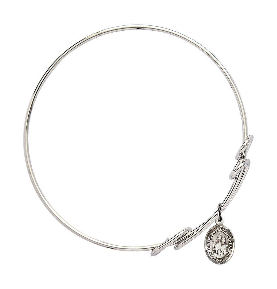 Sterling Silver Round Double Loop Bangle Bracelet with Our Lady of Consolation Charm - Elegant Religious Jewelry for Women, Perfect for Church, Weddings & Everyday Wear