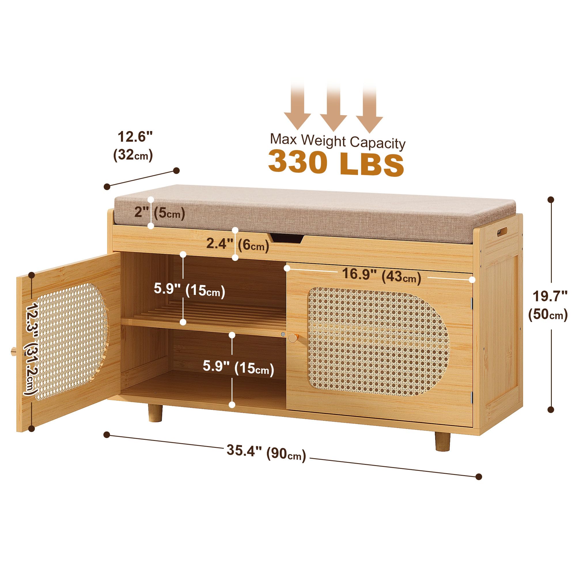 Rattan Shoe Storage Bench - Entryway Organizer with Bamboo Shoe Cabinet, Brown | Space-Saving Shoe Rack for Hallway, Bedroom & Mudroom Organization