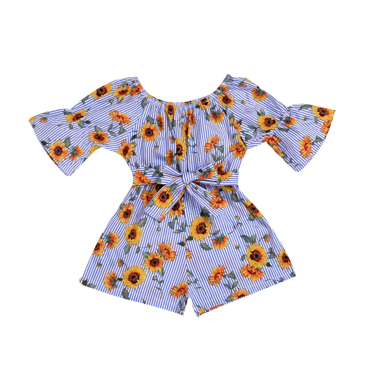 Sunflower Stripe Ruffle Romper Jumpsuit for Baby Girls - Soft Cotton Summer Outfit with Snap Buttons | Perfect for Playdates, Beach Trips & Photo Shoots