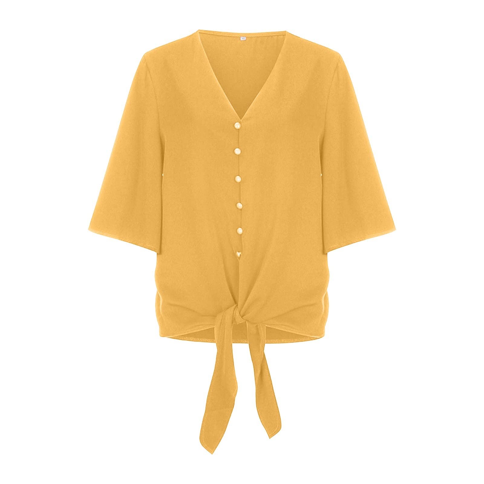 Women's Summer Button Down Shirts - Tie Knot Front Boho Floral Tops with 3/4 Batwing Sleeves | Oversized Casual T-Shirts for Beach, Vacation & Everyday Wear