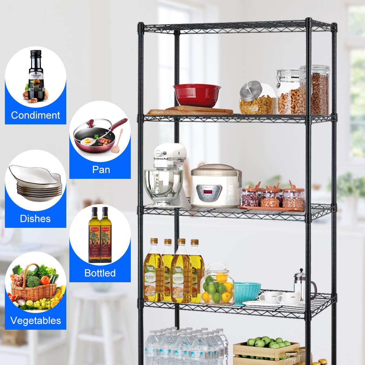 5-Tier Heavy Duty Metal Wire Shelving Unit - 1250Lbs Capacity Adjustable Storage Rack with Leveling Feet for Garage, Kitchen, Commercial Use | Black Standing Shelf for Home Organization & Warehouse Storage