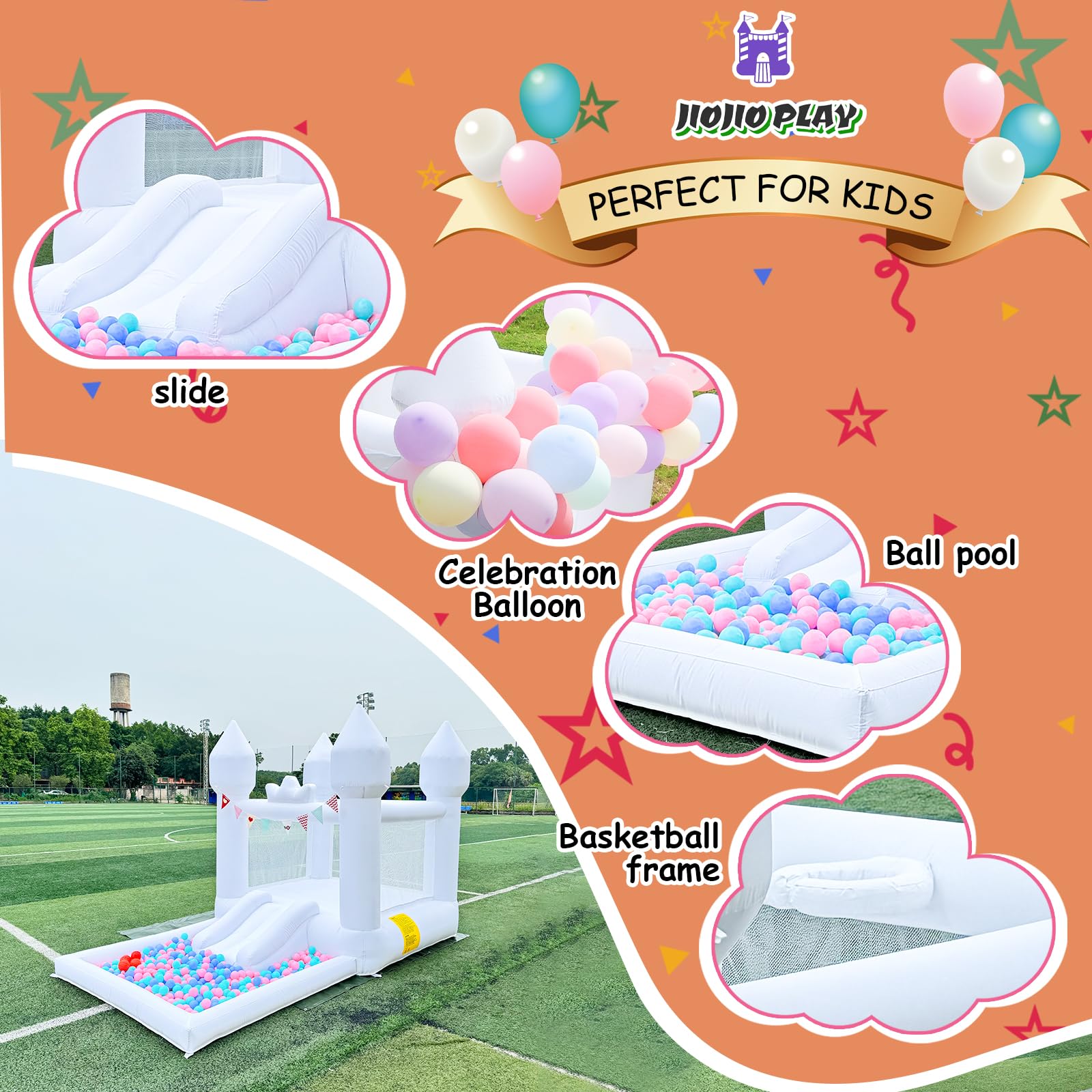12.5FT Inflatable White Bounce House with Slide - Large Bouncy Castle for Kids & Adults | Outdoor Birthday Party, Wedding Decorations | Includes Blower (Great for Backyard, Park, and Carnival Events)