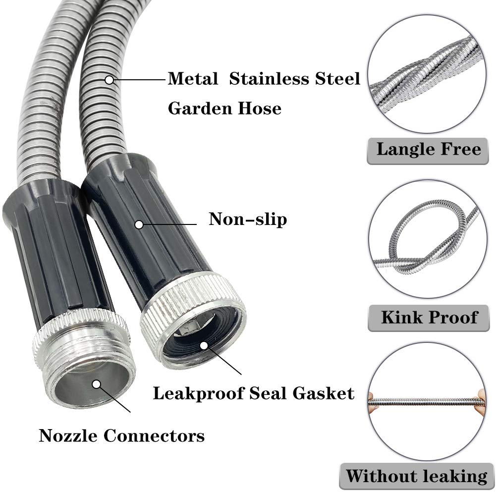 50FT Heavy Duty Flexible Stainless Steel Garden Hose - Durable Metal Water Hose with 2 Spray Nozzles, Kink-Free & Easy to Store - Perfect for Lawn Care, Car Washing, and Outdoor Watering Tasks