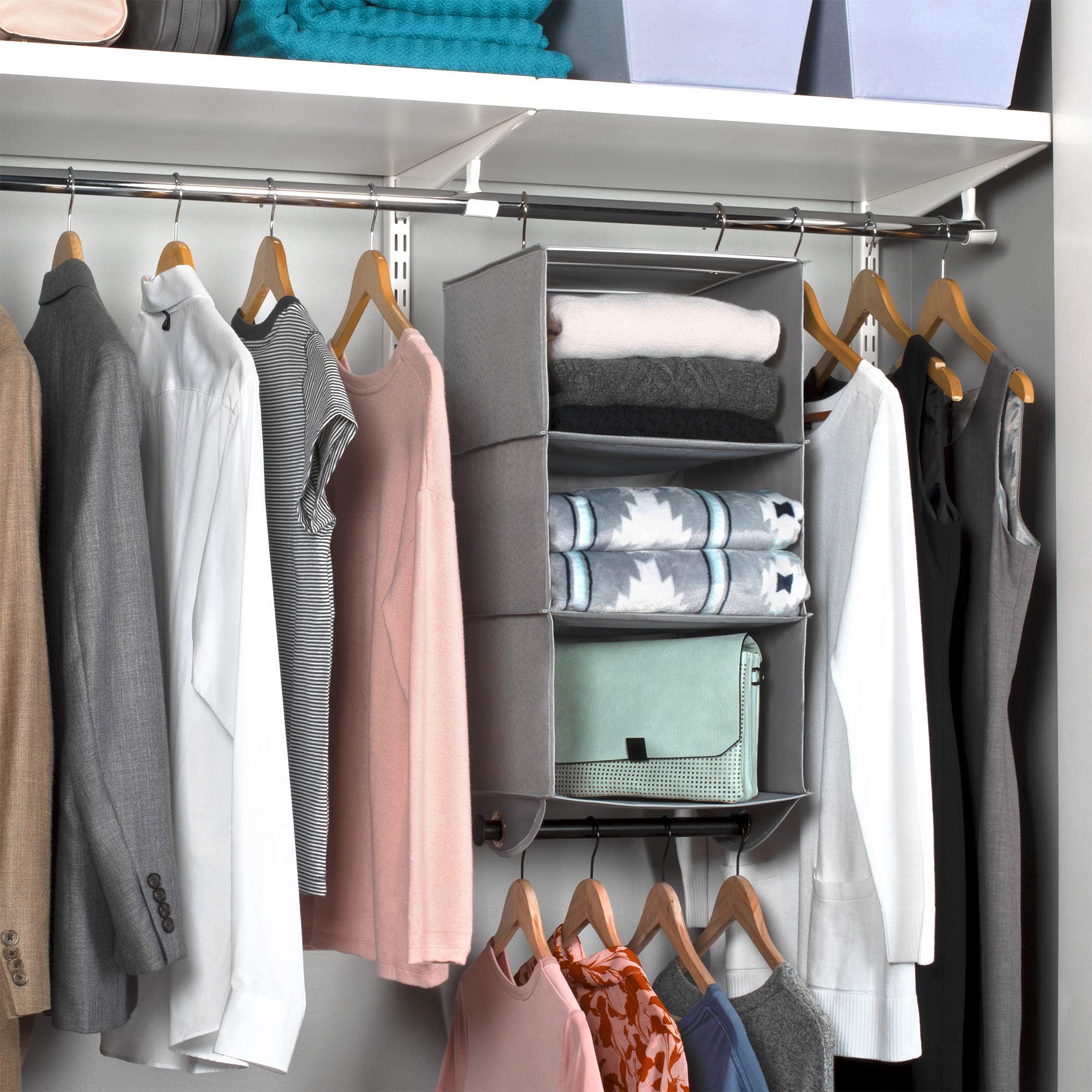 HOLDN’ STORAGE 3-Tier Hanging Closet Organizer - Space Saving Storage Shelves for Closet, Dorm, RV & Small Spaces - Grey Fabric with Black Metal Rod - 12”W x 12”D x 29.5”H - Perfect for College Dorms, Apartments & Travel Organization