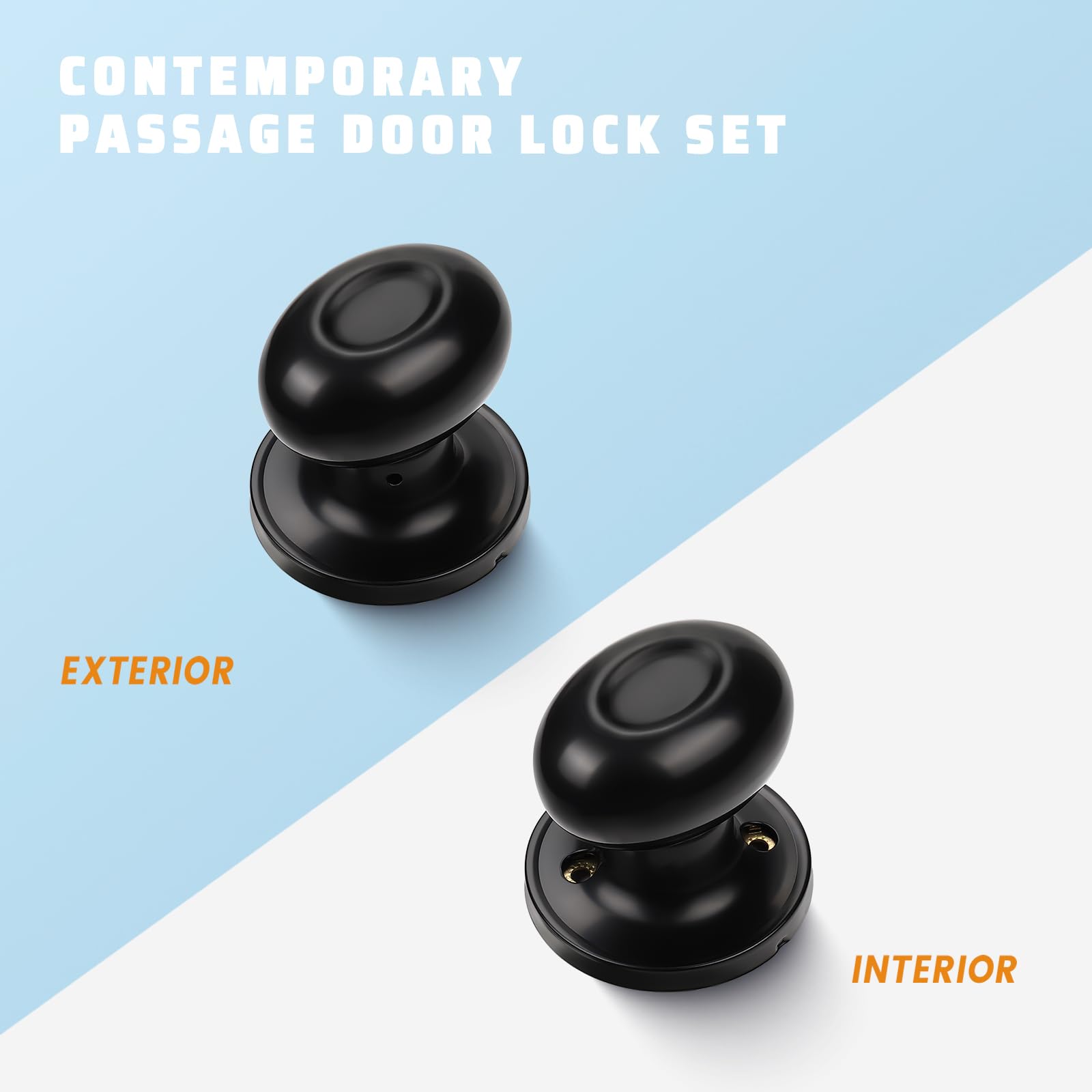 Modern Oval Door Knob Set - 2 Pack Matte Black Passage & Closet Knobs for Hallway, Bedroom & Interior Doors | Classic Style Hardware for Home Improvement & DIY Projects
