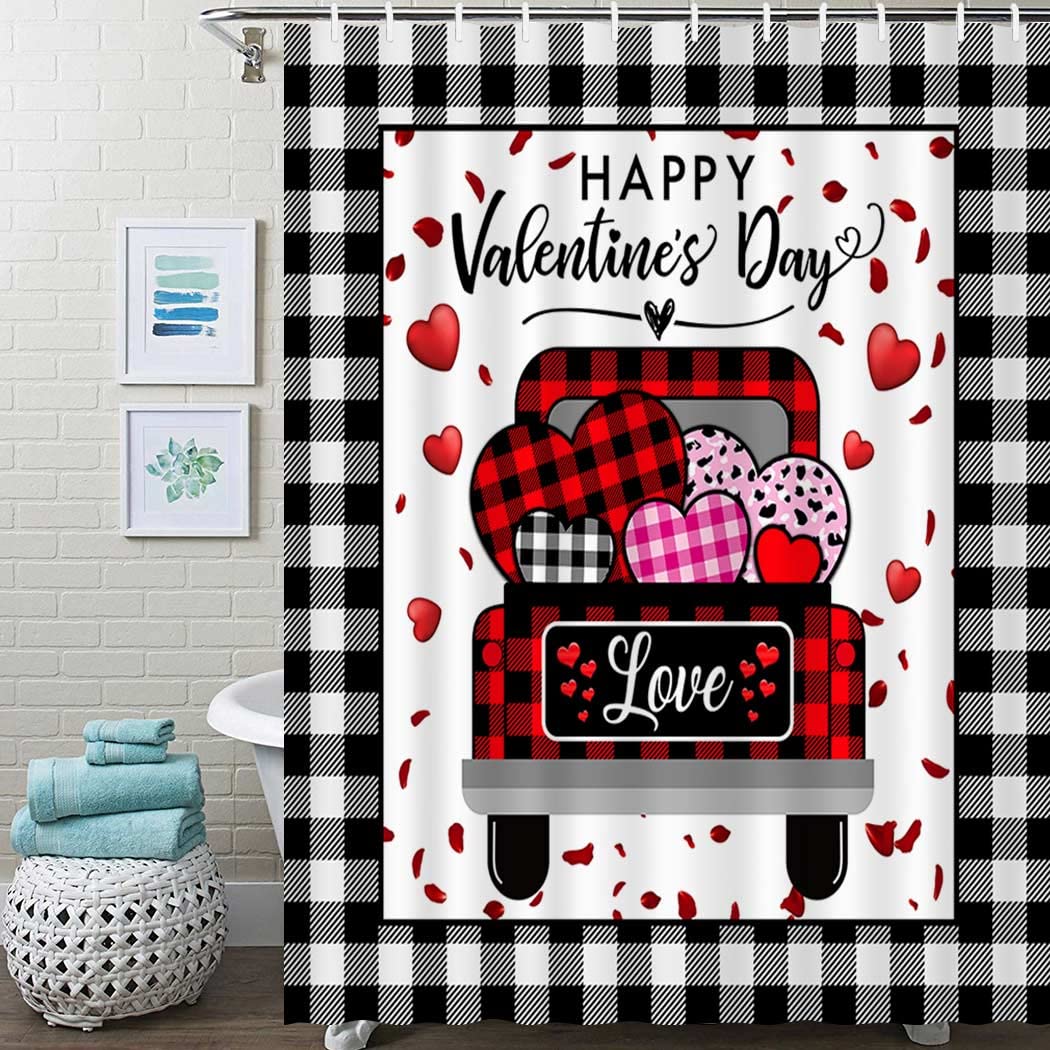 Valentine's Day Buffalo Check Plaid Shower Curtain - Farmhouse Love Truck Design with Red Hearts - Waterproof Bathroom Decor for Bathtub - 72