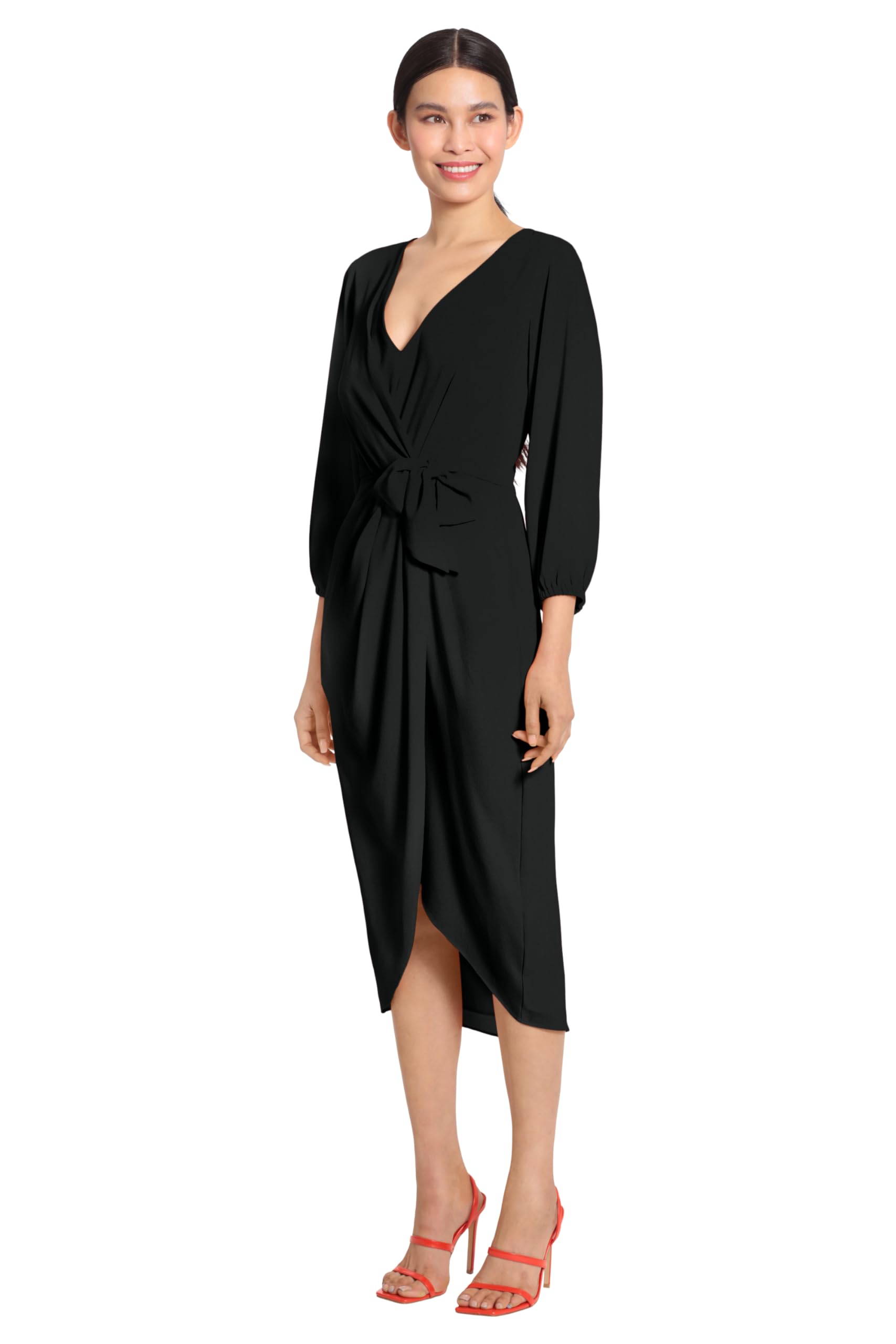 Maggy London Women's Long Sleeve V-Neck Faux Wrap Crepe Dress for Wedding Guest, Cocktail Party & Special Occasions - Elegant Formal Event Wear