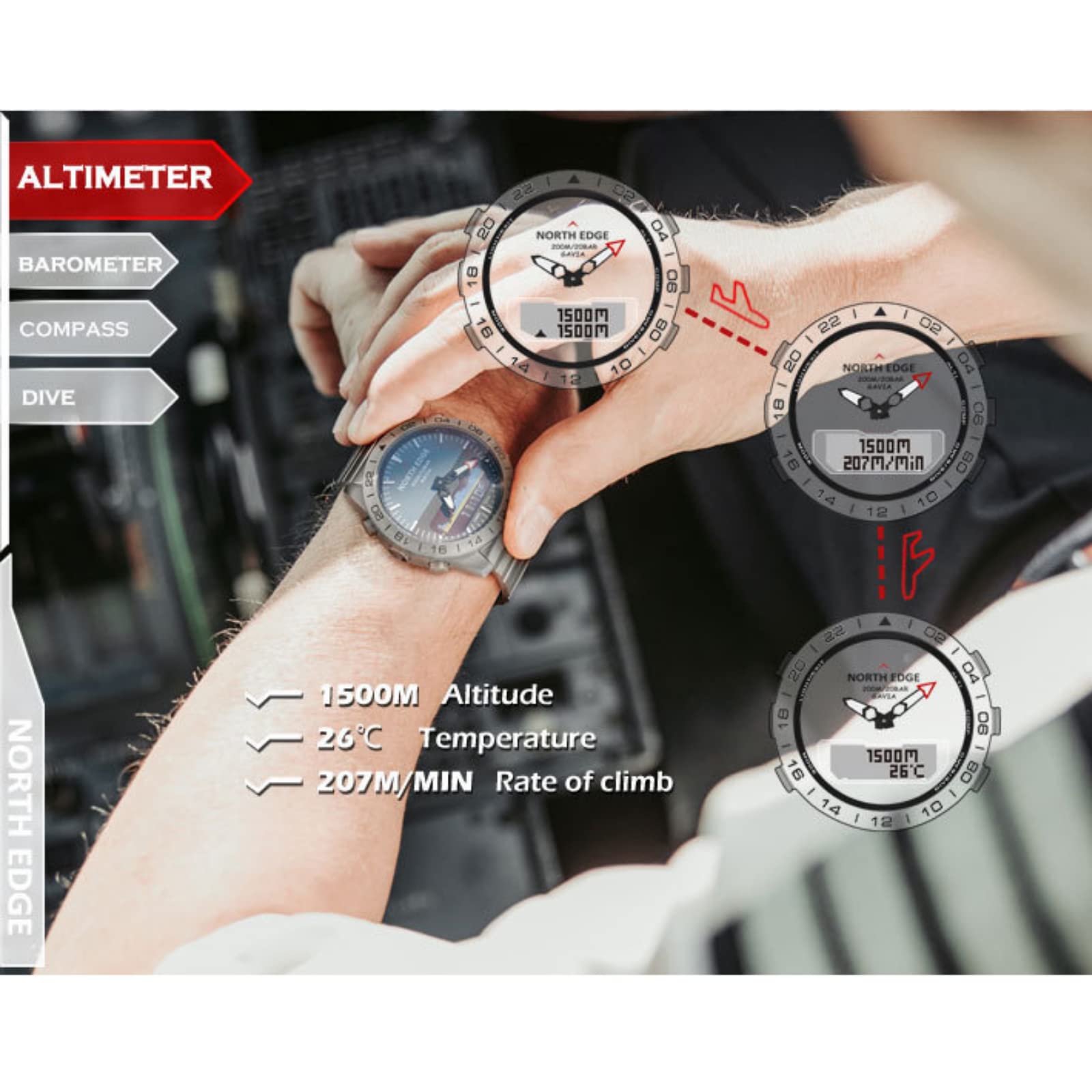 CakCity Men's Analog Digital Altimeter Watch - 20ATM Waterproof Stainless Steel Pilot & Diving Watch with Compass - Perfect for Outdoor Sports, Hiking, and Adventure Activities